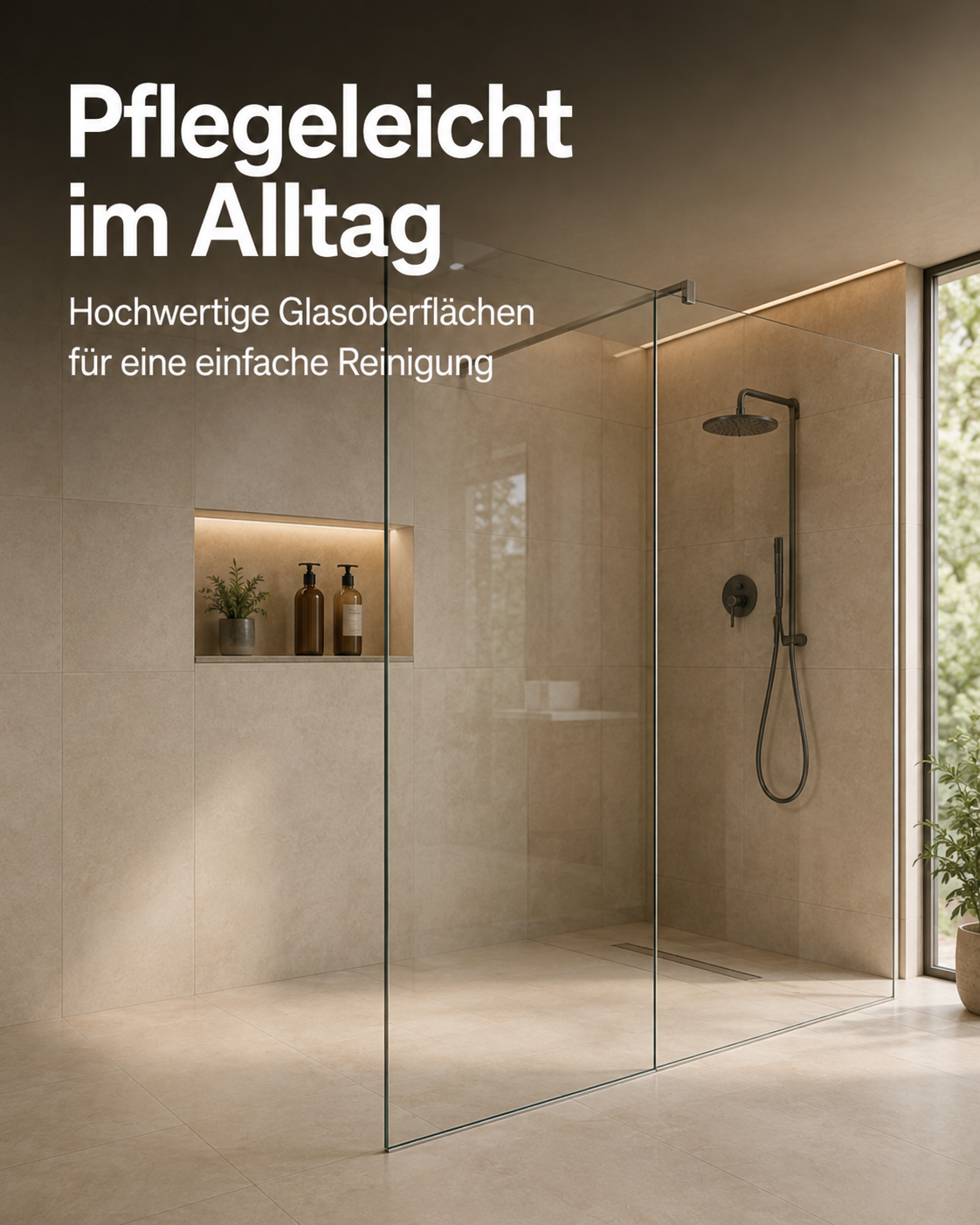 Pflegeleichte Duschwand aus Glas für eine einfache Reinigung der Glasdusche im Badezimmer.