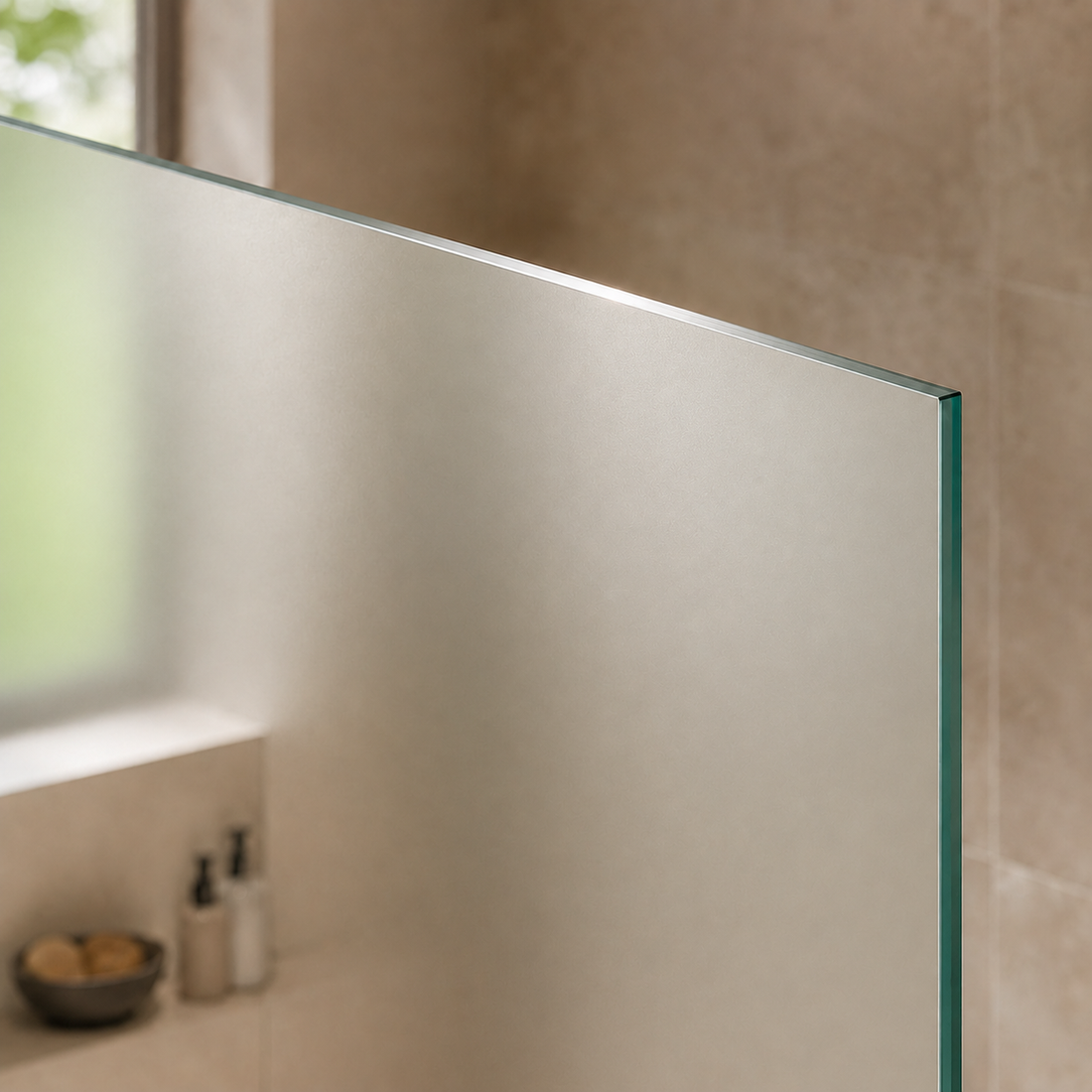 Duschwand aus satiniertem Glas für mehr Sichtschutz im Badezimmer, geeignet für maßgefertigte Glasduschen.