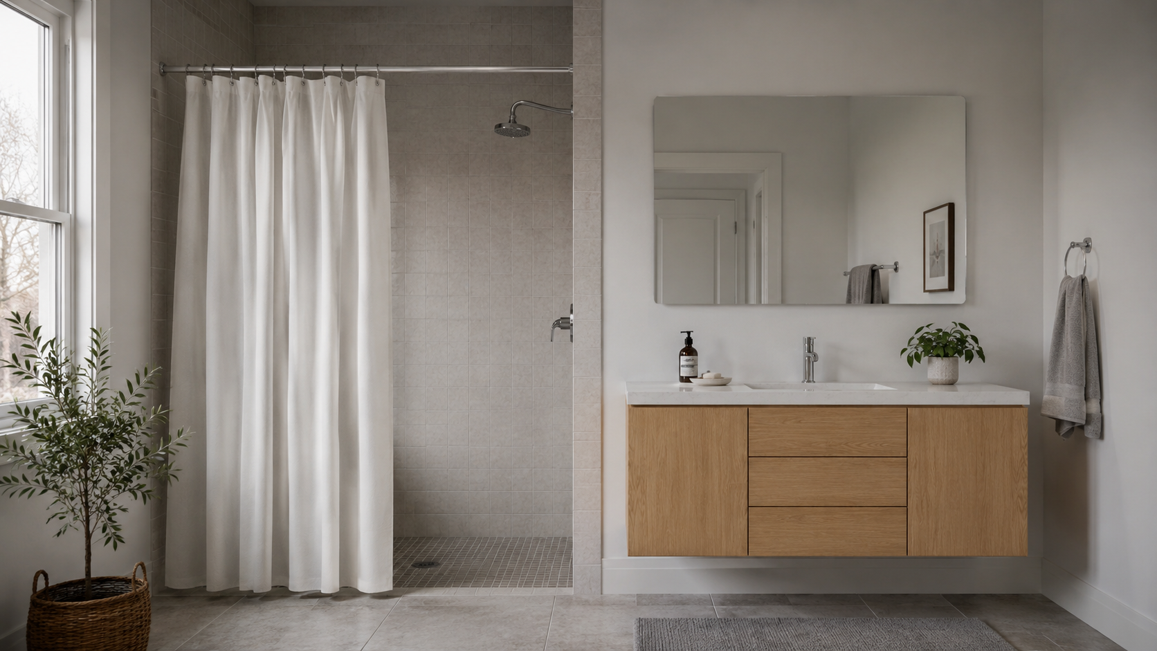Modernes Badezimmer vor der Umgestaltung: Dusche mit Duschvorhang, Badspiegel und Waschtisch als Vorher-Bild für eine maßgefertigte Duschwand aus Glas.