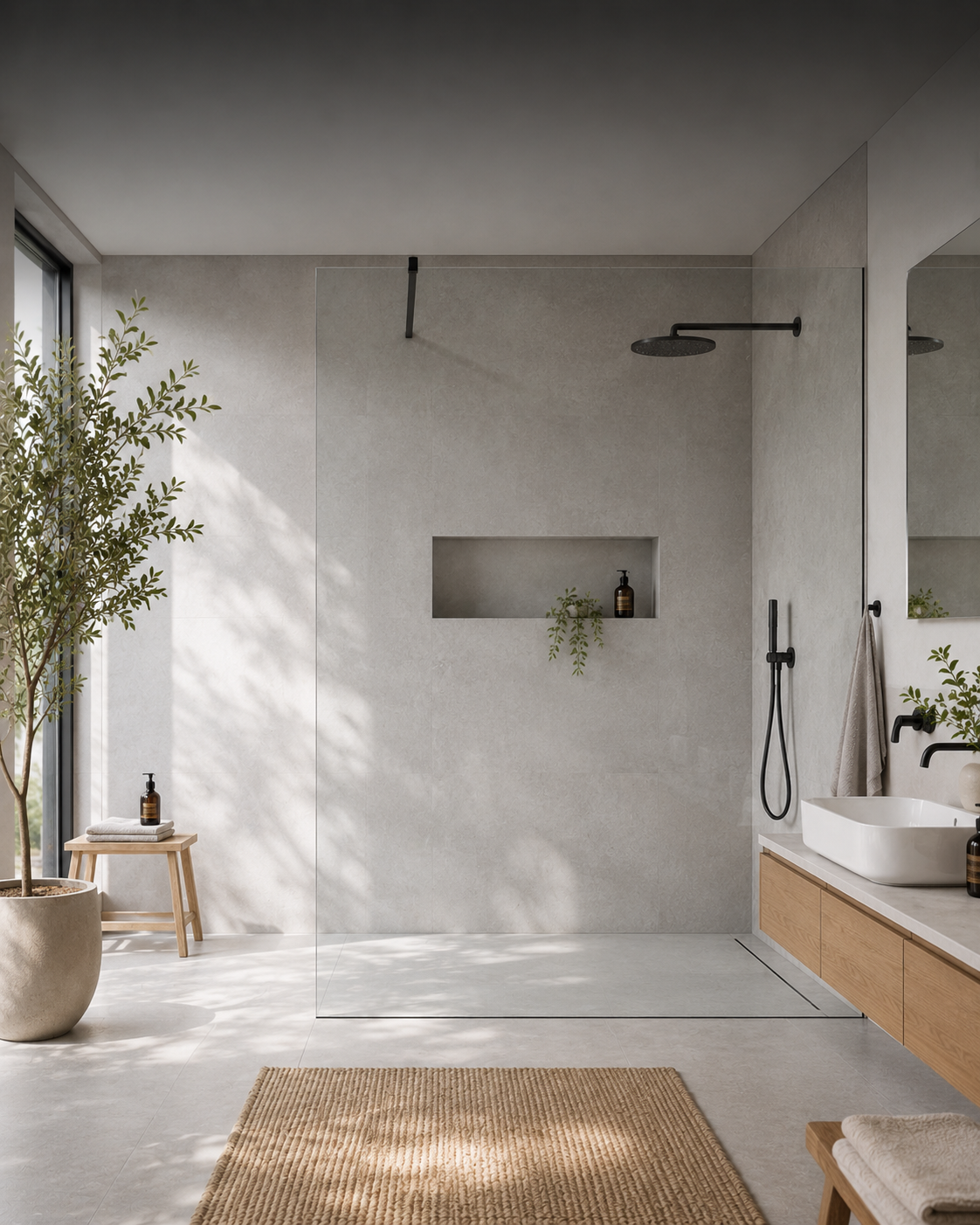 Walk-in Duschwand aus Glas in hellem Badezimmer mit schwarzer Armatur, Holzwaschtisch, Pflanzen und natürlichem Tageslicht.