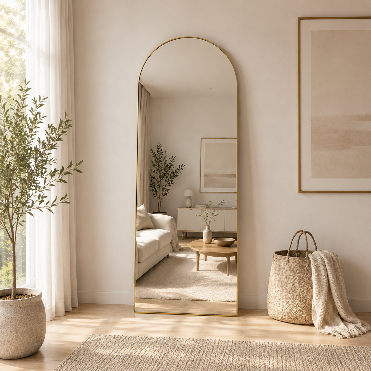 Goldener Bogenspiegel Elisse im hellen Wohnzimmer mit Korb und Pflanze.