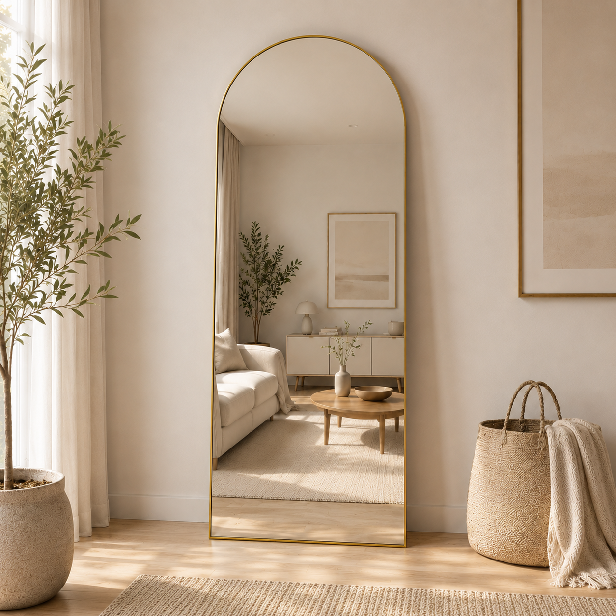 Goldener Ganzkörperspiegel Elisse dekorativ im hellen Wohnzimmer.