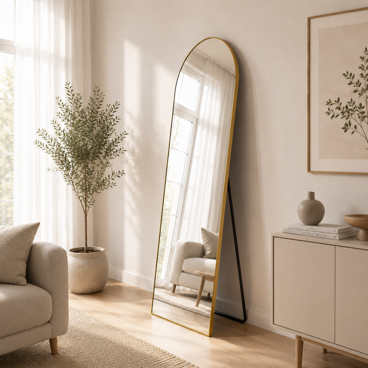 Freistehender Spiegel Elisse mit goldenem Rahmen im hellen Wohnzimmer.