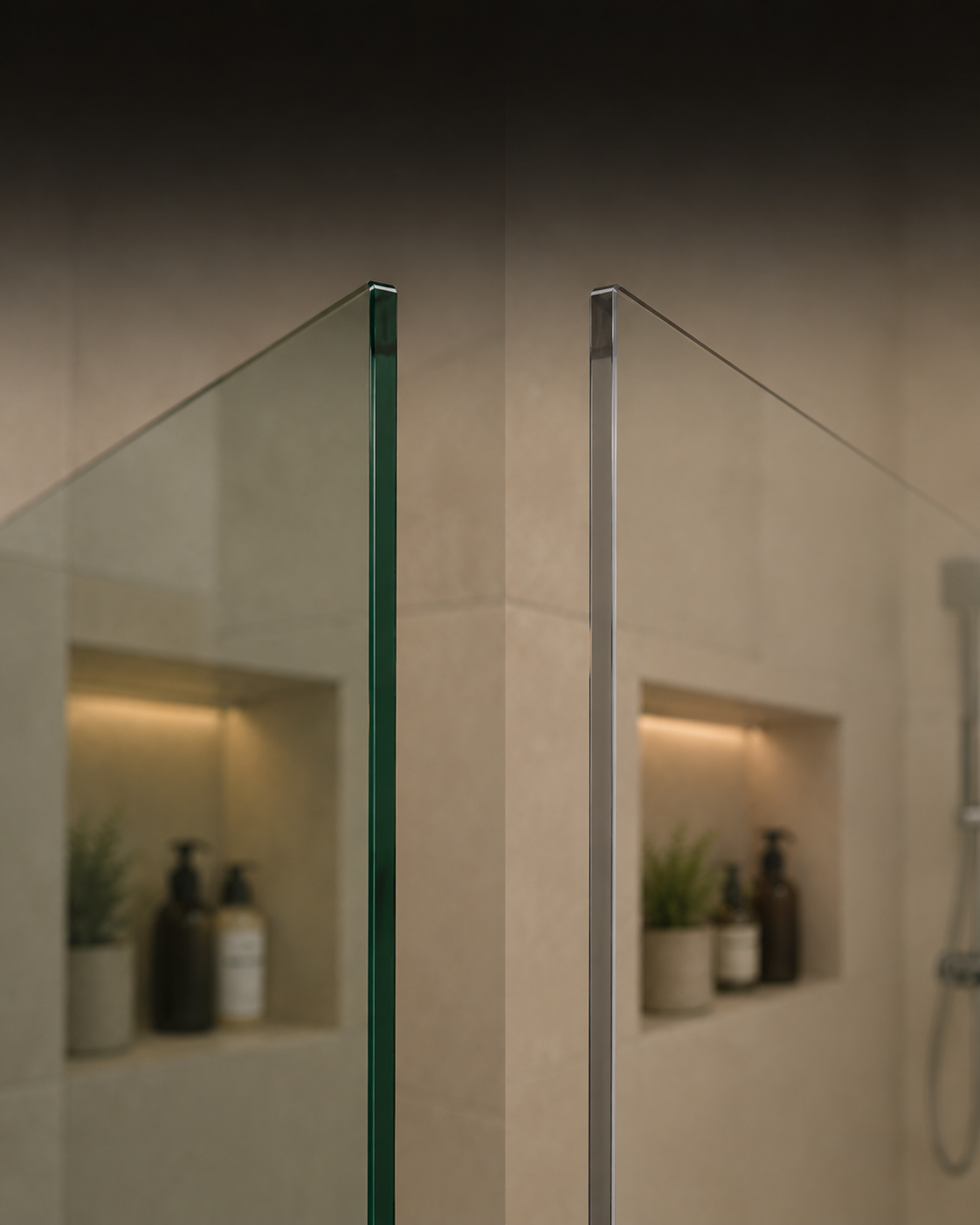 Duschwand aus klarem ESG-Sicherheitsglas und hochwertigem Weißglas mit geringer Grünfärbung.