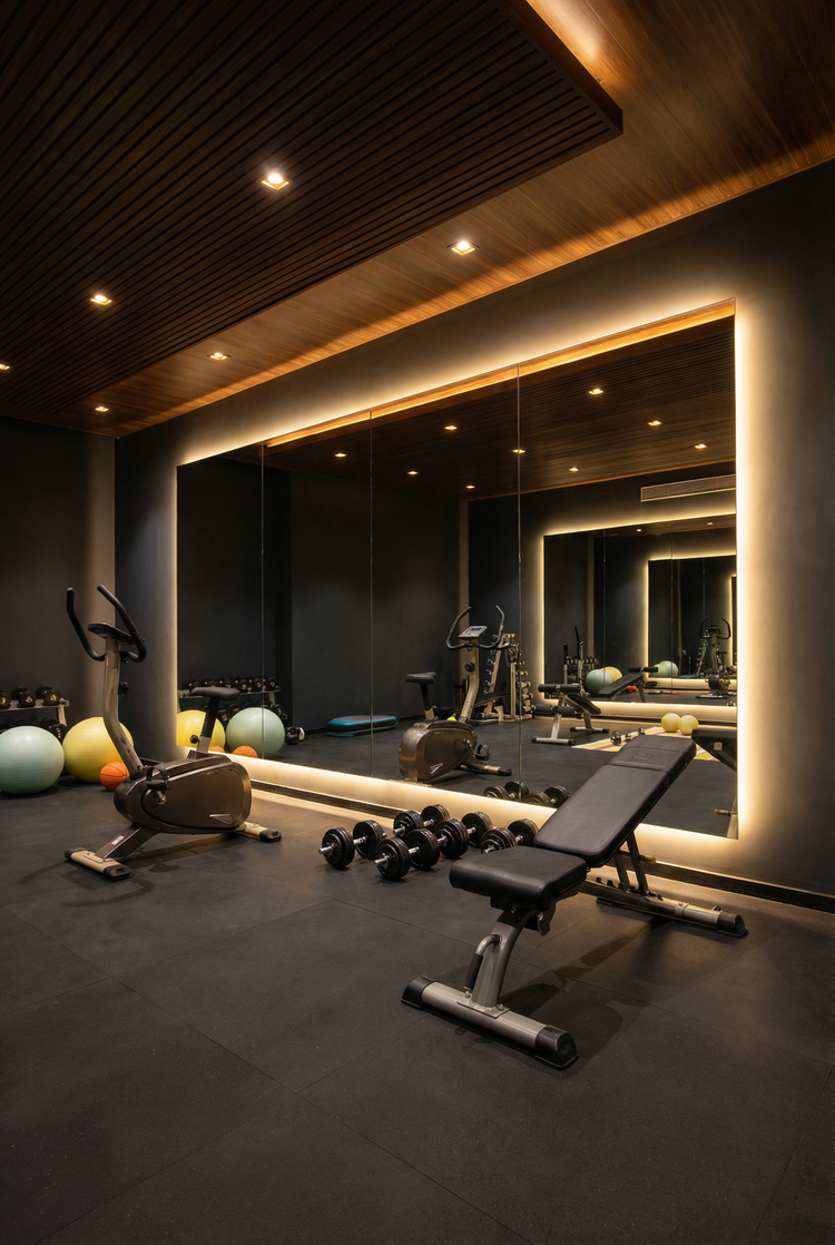 Moderner Fitnessraum mit großer Spiegelwand, warmer LED-Hintergrundbeleuchtung, Hantelbank, Kurzhanteln und Cardio-Geräten im Trainingsbereich