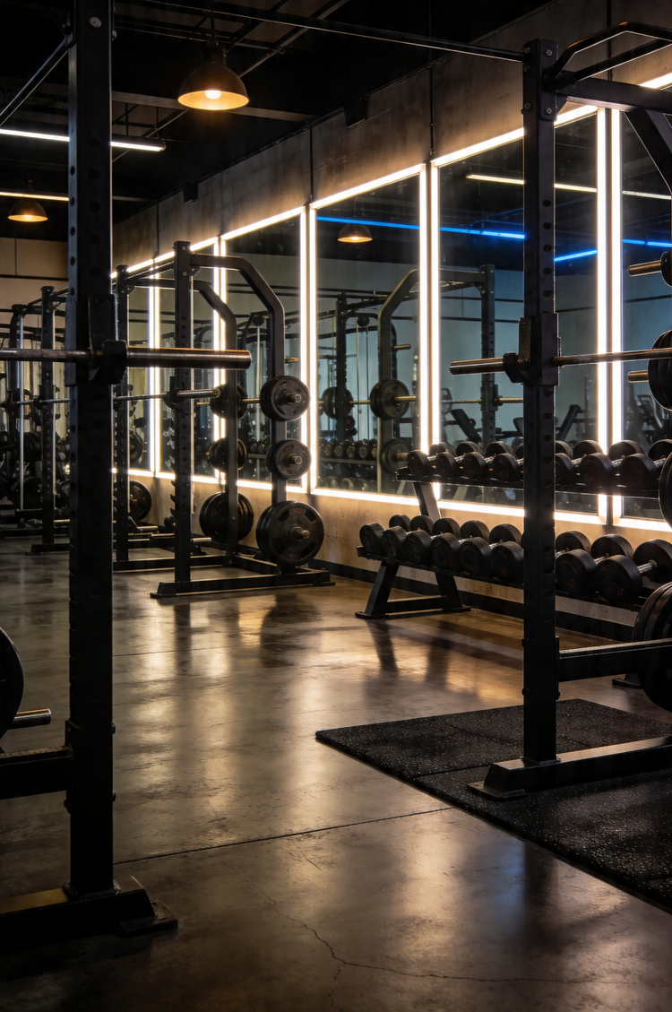 Moderner Kraftbereich im Fitnessstudio mit großer Spiegelwand, vertikalen LED-Lichtleisten, Squat Racks, Hanteln und industriellem Studio-Design