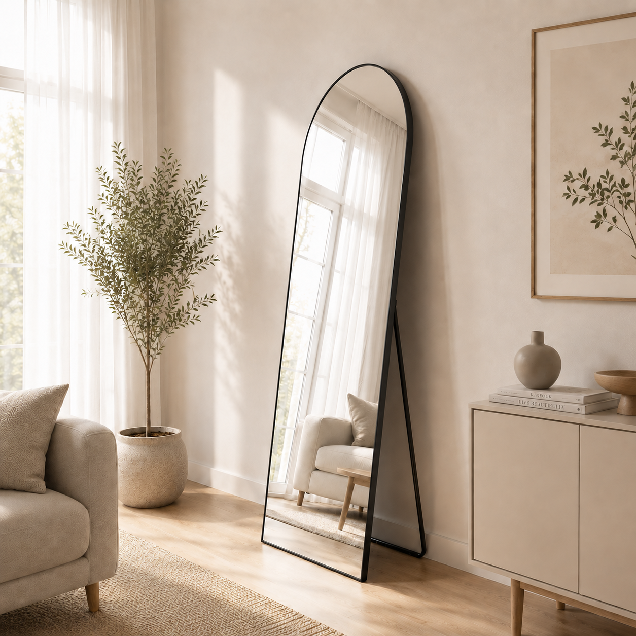 Freistehender schwarzer Ganzkörperspiegel Elisse mit Aluminiumrahmen, elegant neben Kommode und Pflanze platziert.