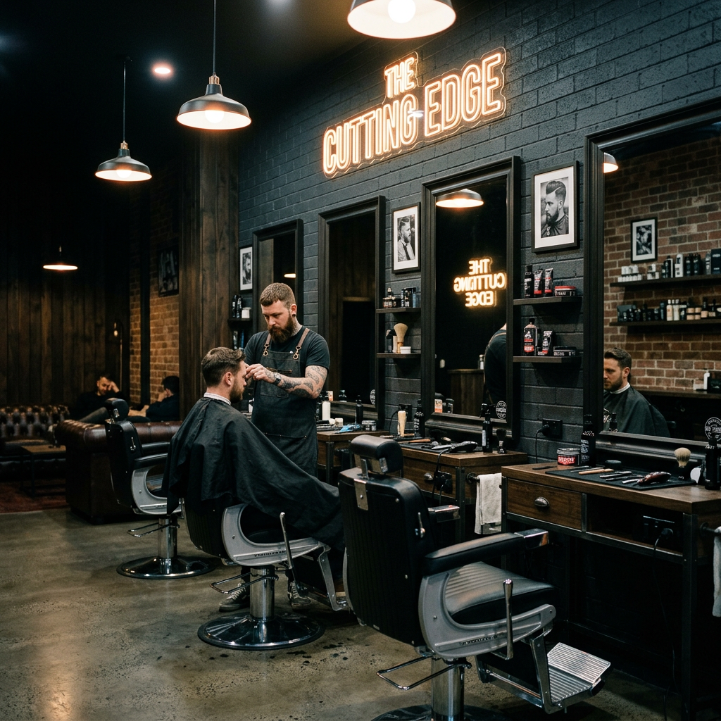 Stilvoller Barbershop mit großen Friseurspiegeln, Barberstühlen und moderner Salon-Einrichtung