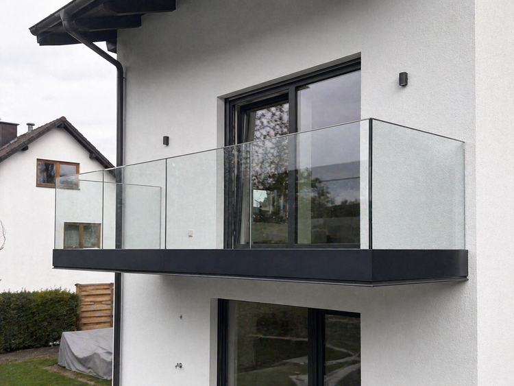Modernes Glasgeländer aus VSG Sicherheitsglas an einem Balkon mit schwarzem Rahmen.