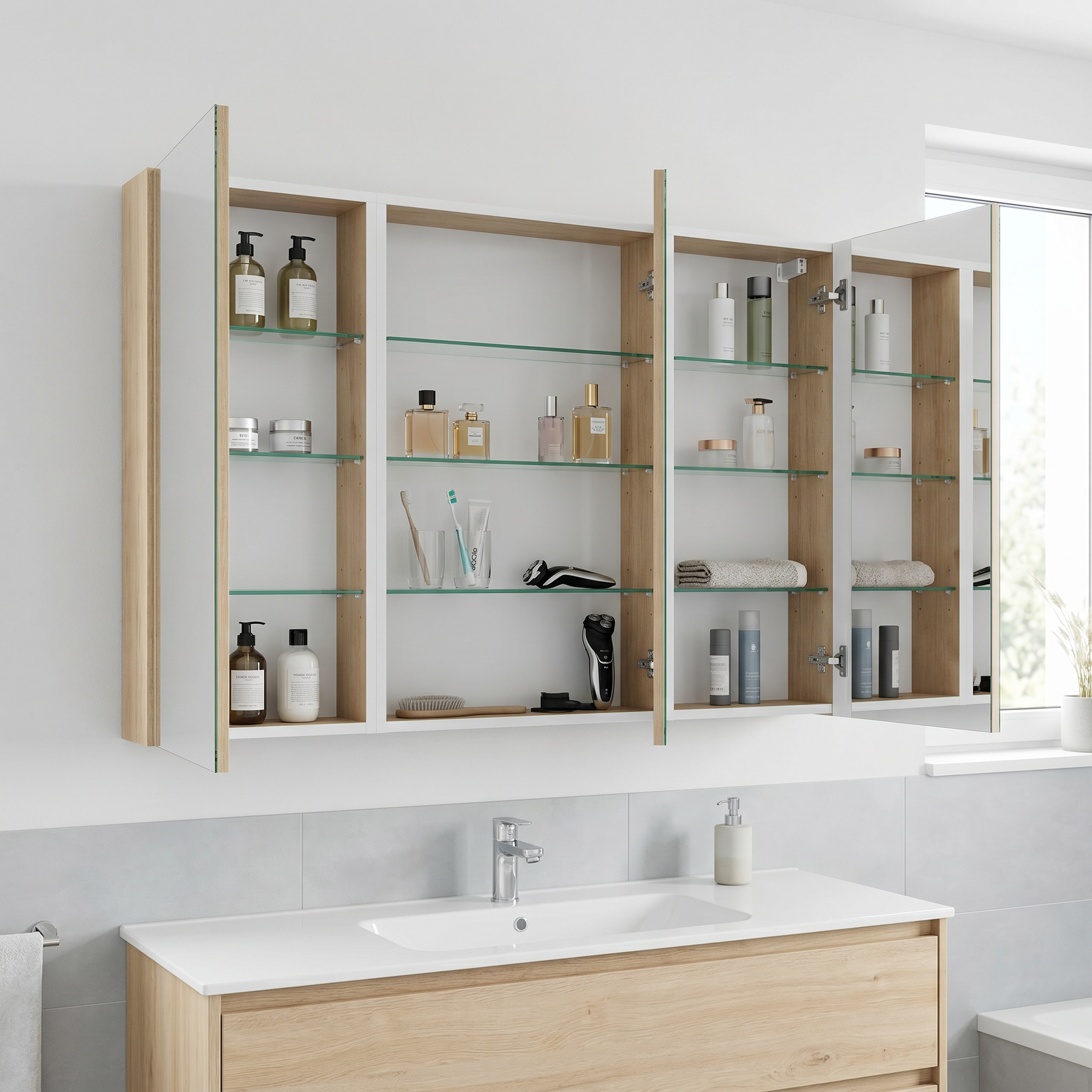 Geöffneter Spiegelschrank mit mehreren Glasablagen und viel Stauraum für Pflegeprodukte im Badezimmer.
