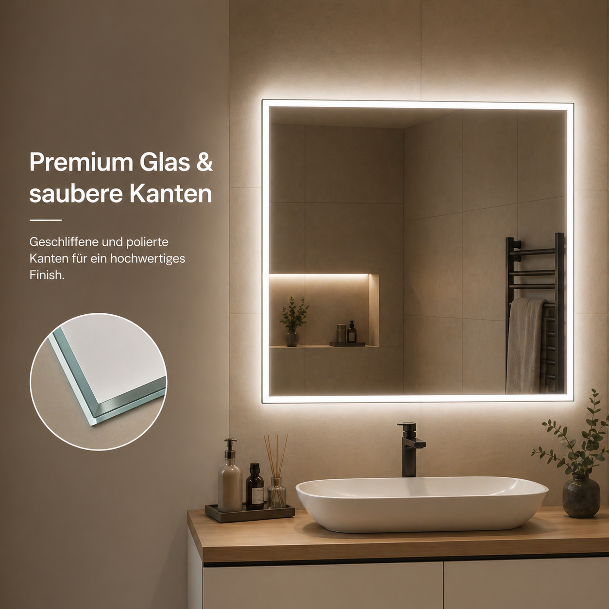 LED Badspiegel mit warmweißer Hintergrundbeleuchtung und geschliffenen Glaskanten von SpiegelMax – montiert in modernem Badezimmer mit Waschtisch