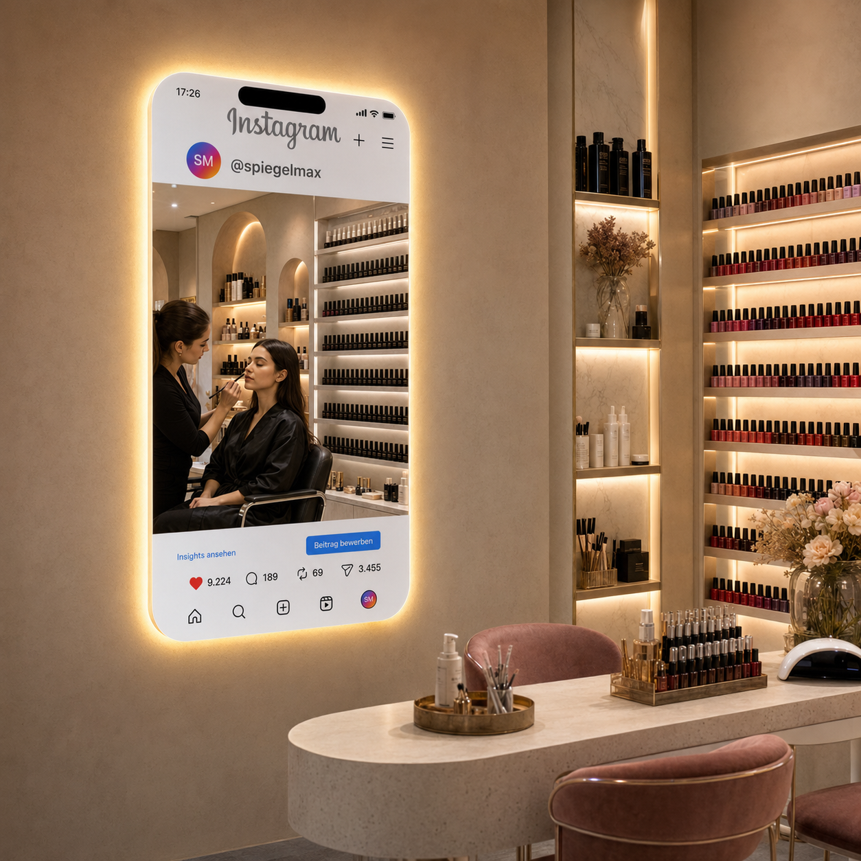 Beleuchteter Spiegel mit Instagram-Seite und @spiegelmax im Smartphone-Display