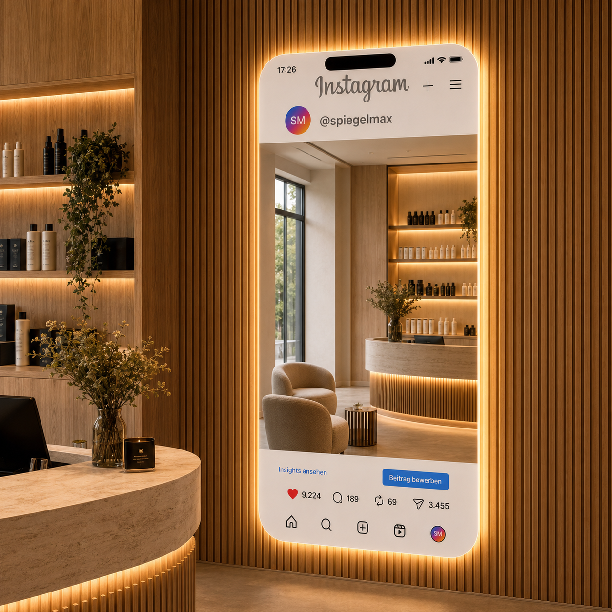 Beleuchteter Spiegel mit Instagram-Startseite und @spiegelmax im Display