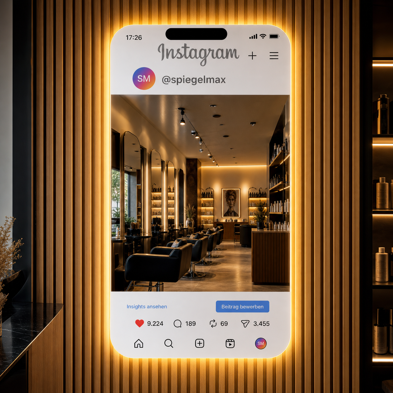 LED-Spiegel im Handyformat mit Instagram-Startbild, gerundete Ecken, Rahmen mit Licht