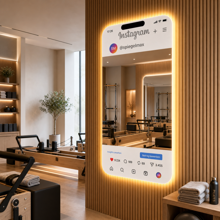 Wand-LED-Spiegel im Handyformat, Instagram-Profilseite, integriert im Holzpaneel