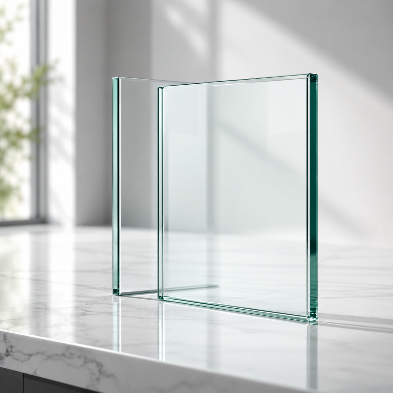 Klare Glasplatten mit polierten Kanten auf heller Oberfläche