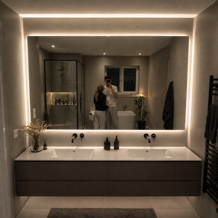 Moderner beleuchteter Badspiegel mit warmer Hintergrundbeleuchtung über Doppelwaschtisch im Badezimmer.