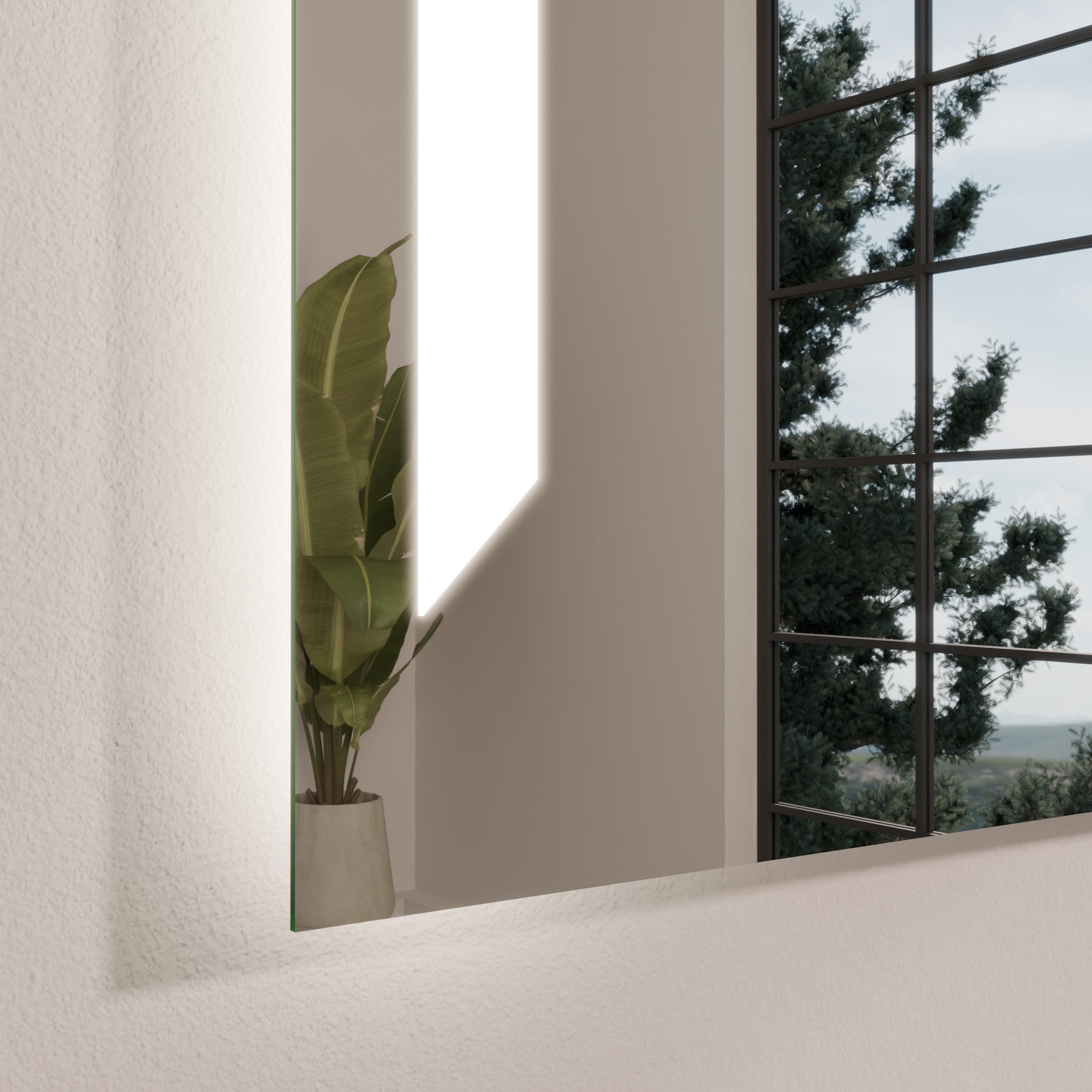 LED-Badspiegel-Seitenansicht mit vertikaler Leuchtkante und klarer Glasfläche
