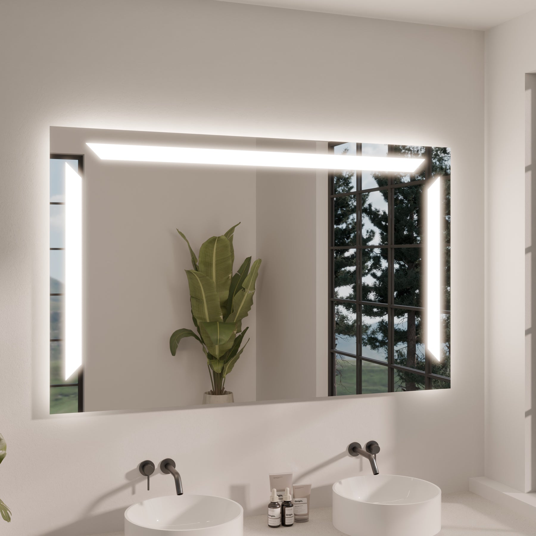 Rechteckiger LED-Badspiegel mit breitem Leuchtrahmen und klarer Glasfläche