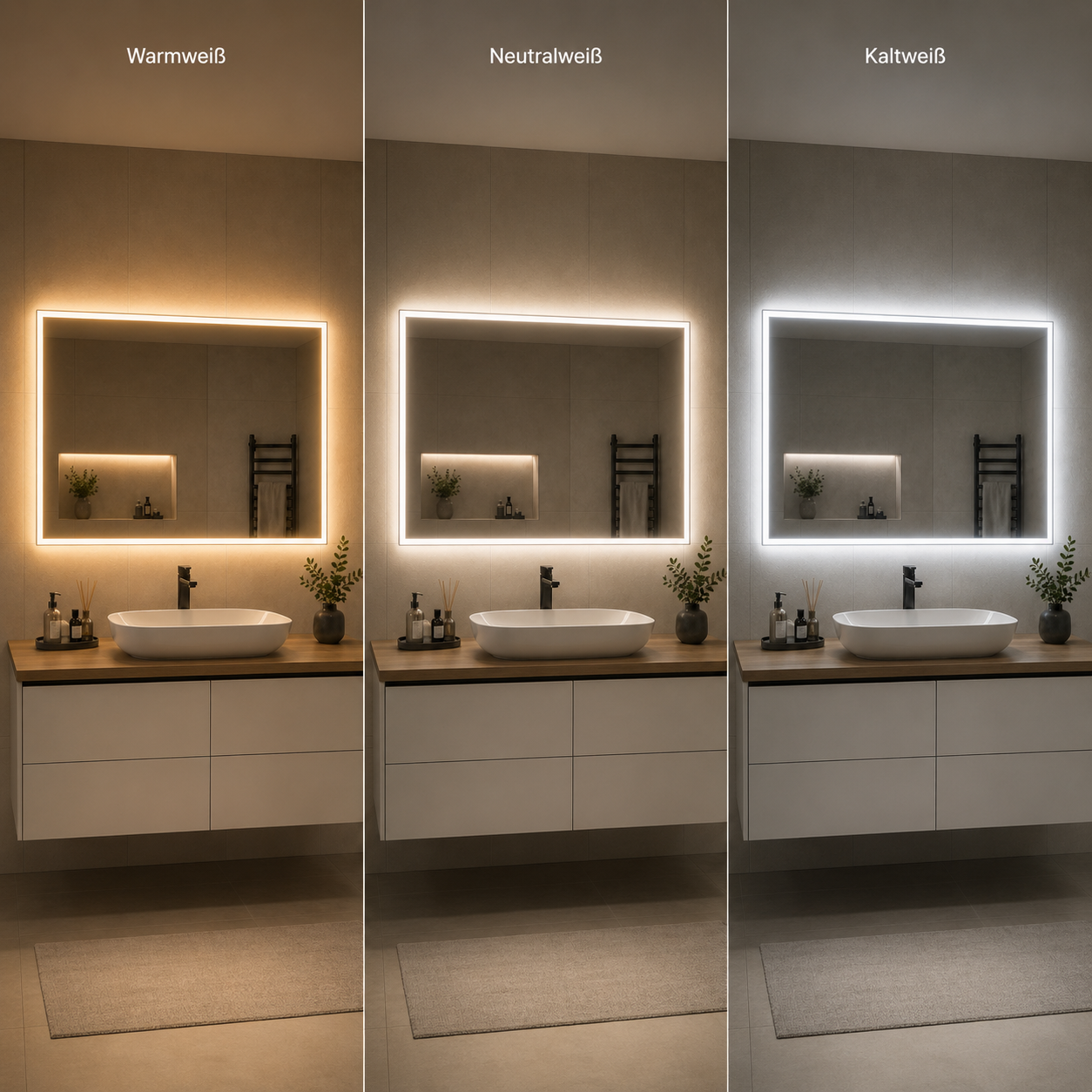 Drei LED Badspiegel im Vergleich mit Warmweiß, Neutralweiß und Kaltweiß zur Darstellung unterschiedlicher Lichtfarben im modernen Badezimmer