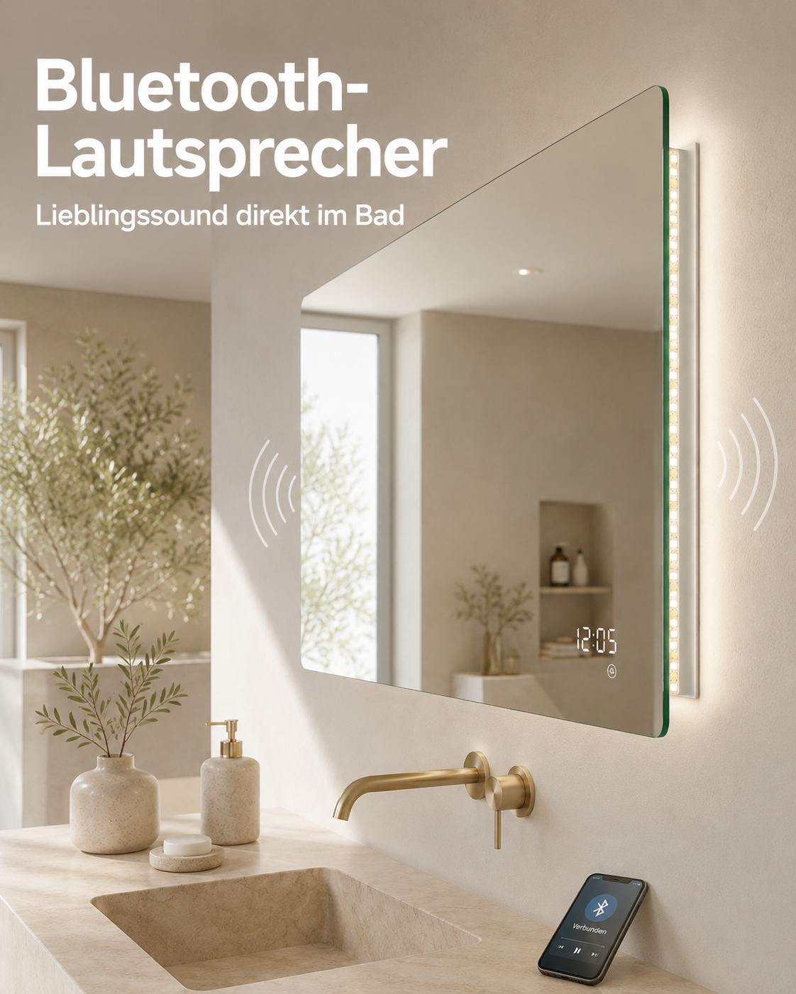 LED-Badspiegel mit integrierten Bluetooth-Lautsprechern für Musik und Klang im Badezimmer.