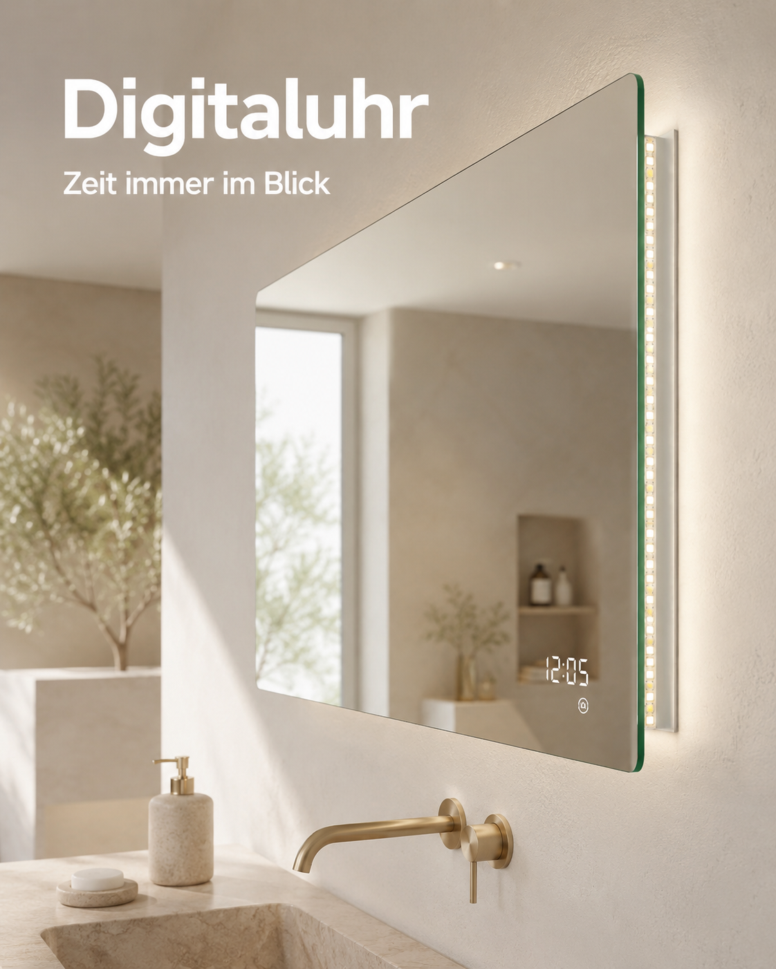 LED-Badspiegel mit integrierter Digitaluhr zur dezenten Zeitanzeige im Badezimmer.