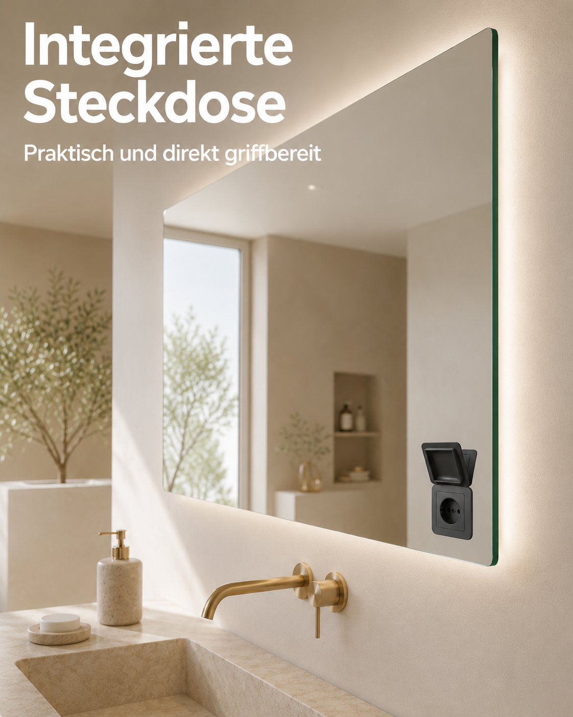 LED-Badspiegel mit integrierter Steckdose für elektrische Geräte direkt am Waschplatz.
