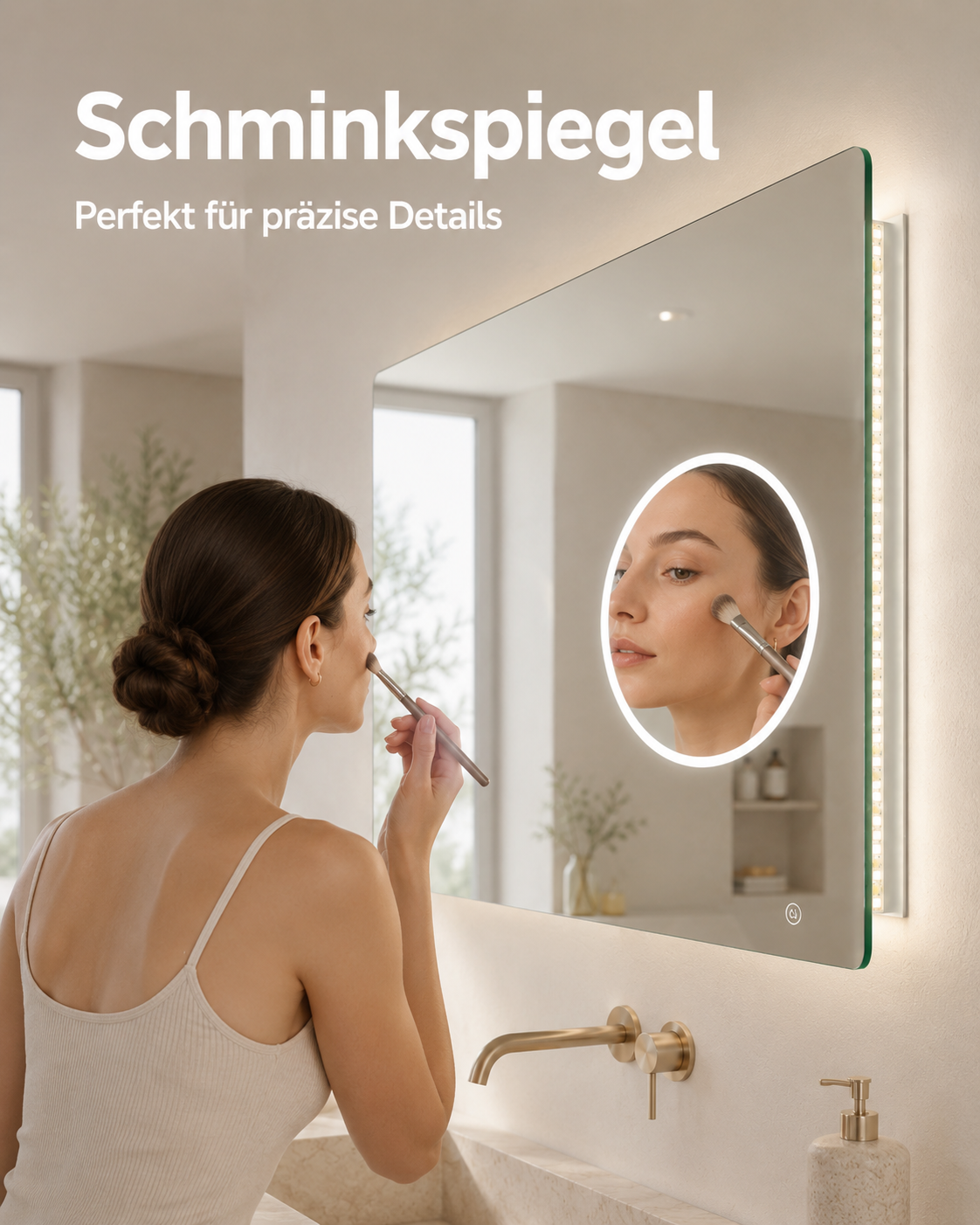 LED-Badspiegel mit integriertem Schminkspiegel für präzise Pflege, Rasur und Make-up.