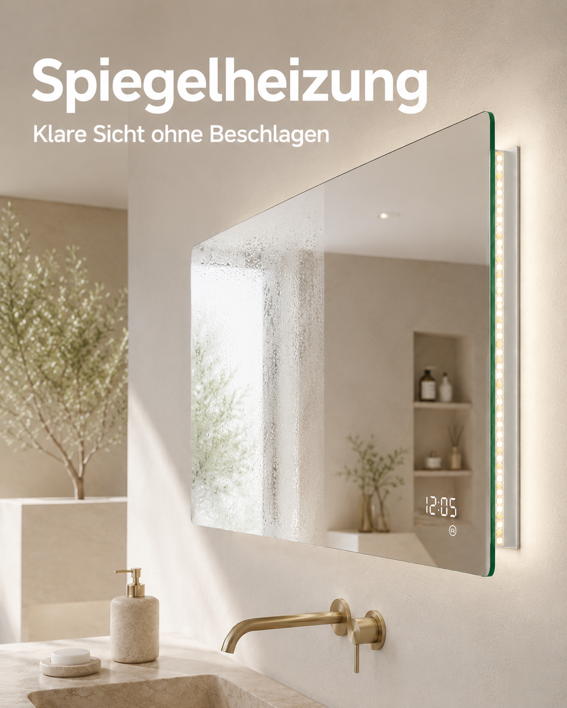 LED-Badspiegel mit Spiegelheizung für klare Sicht nach dem Duschen ohne störenden Beschlag.