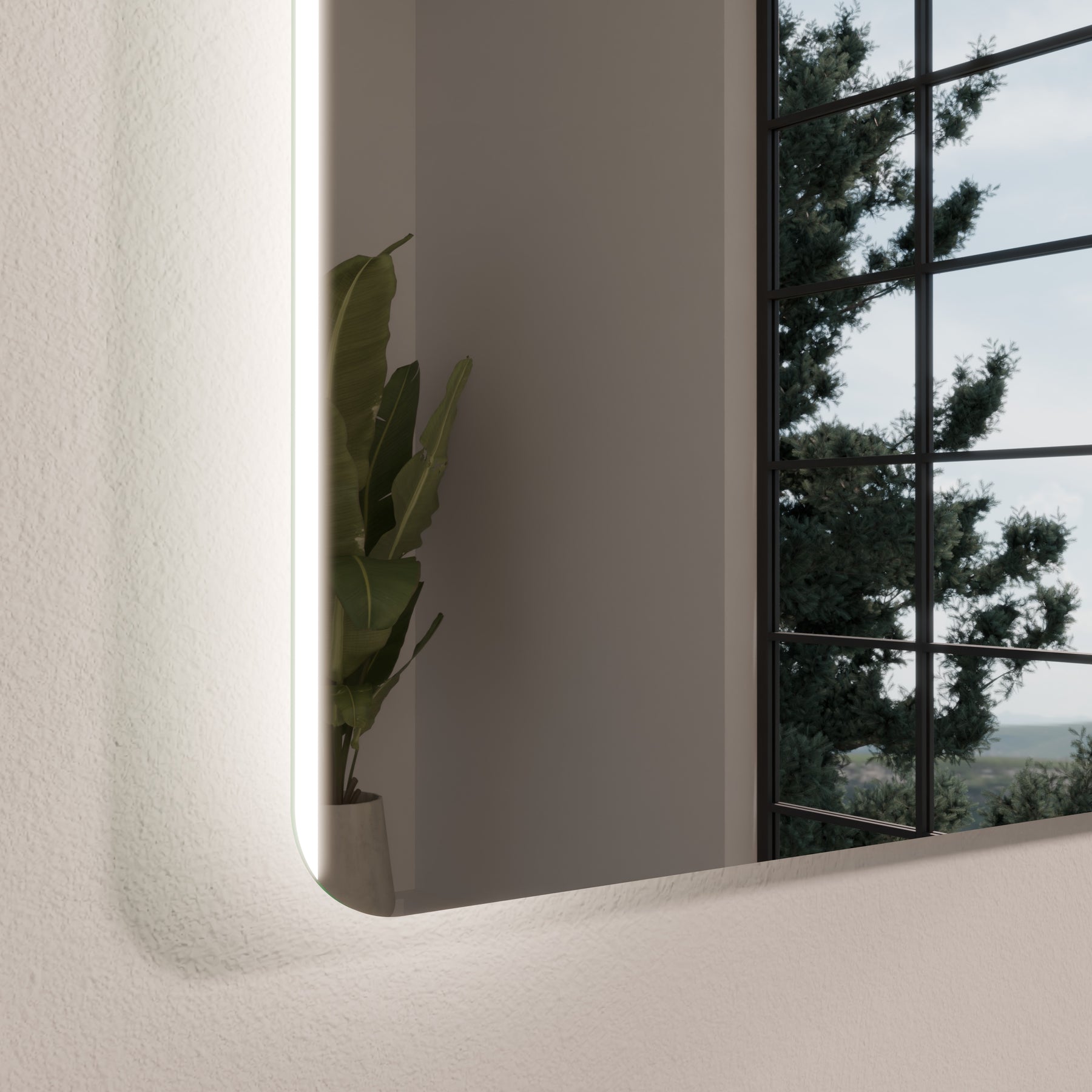 Lichtspiegel-Detail: abgerundete Ecke mit LED-Rand, reflektierende Fläche