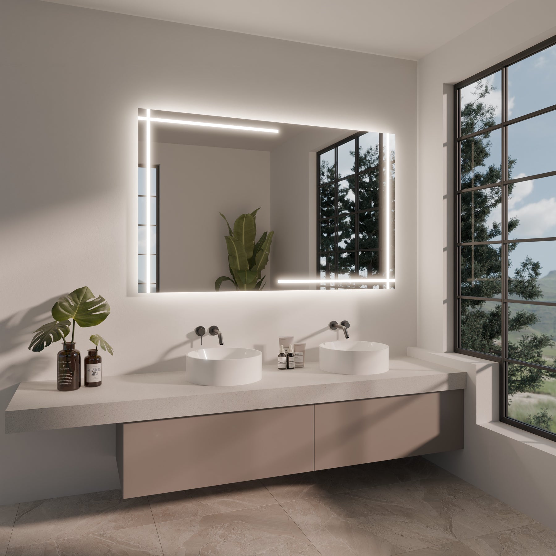 Rectangular LED mirror with evenly lit inner border for a sleek bathroom wall look