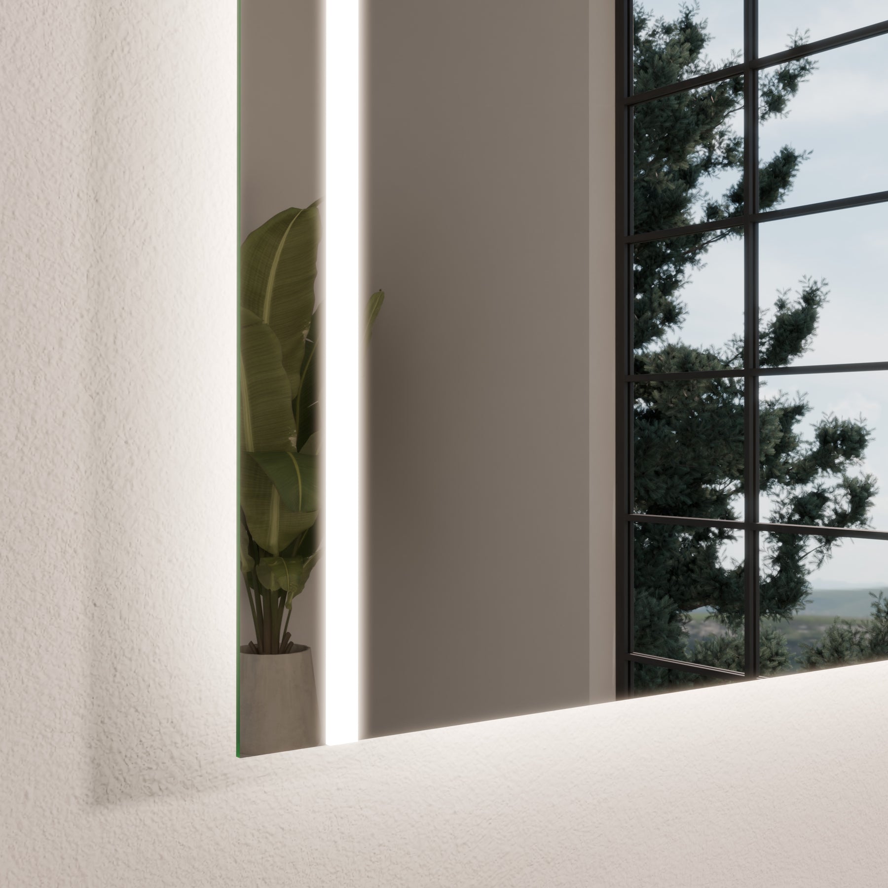 Close-up edge view of a rectangular LED mirror with a thin glowing light strip frame