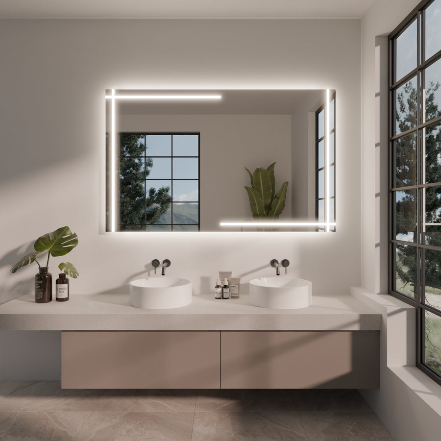 LED backlit rectangular mirror above double sinks, bright light border around the glass