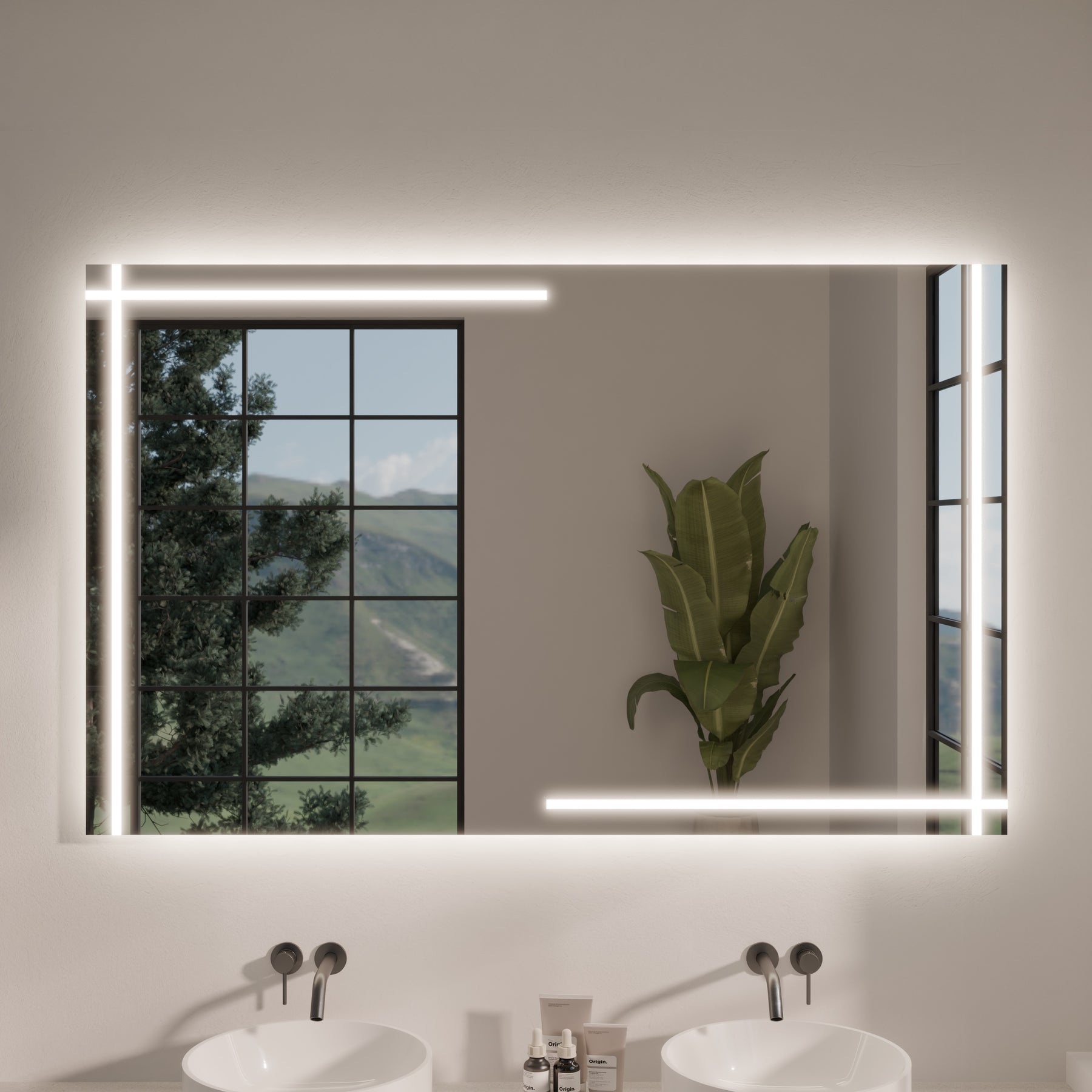 Rectangular LED bathroom mirror with glowing backlit frame and clear reflective surface