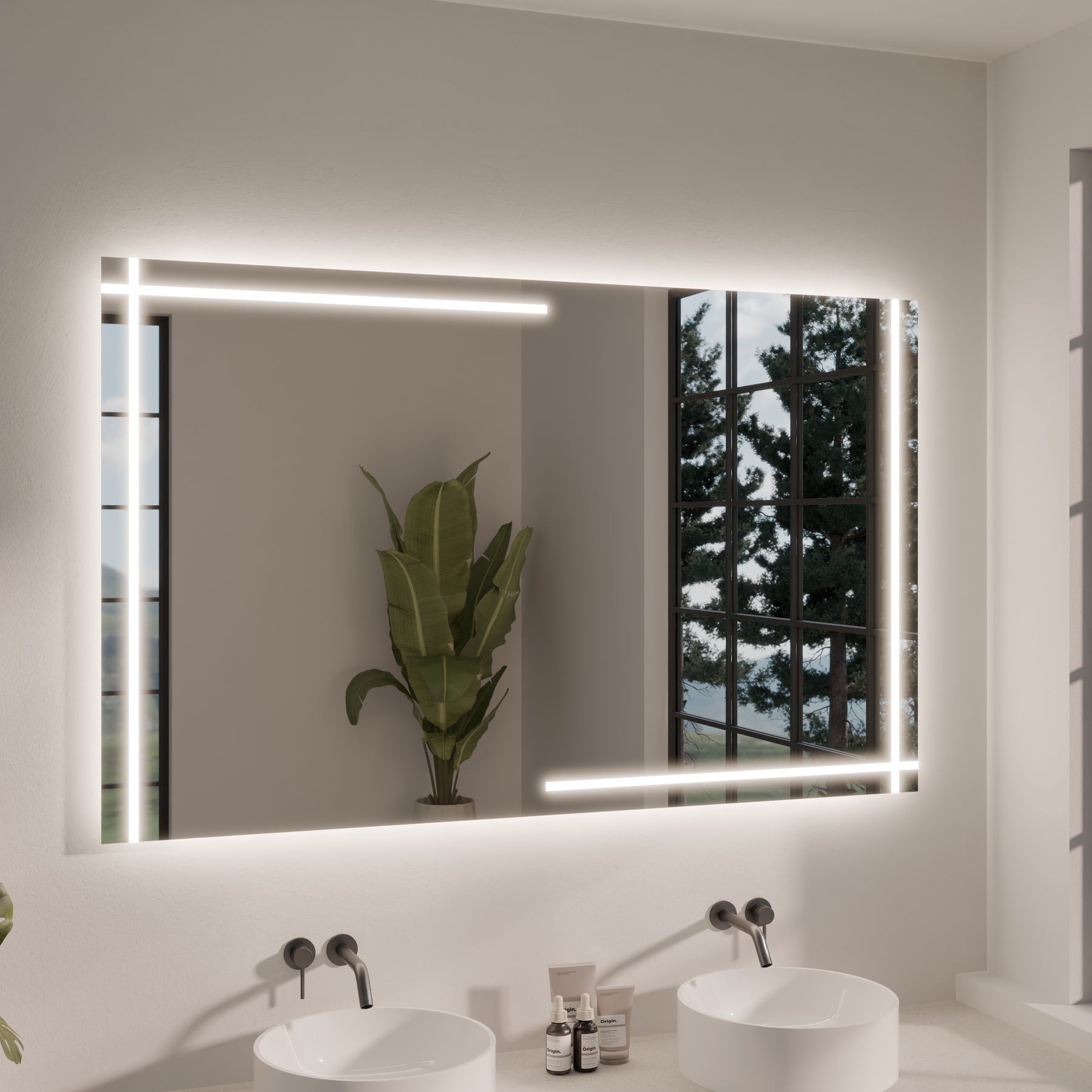 Wall-mounted LED bathroom mirror with bright frame lighting and large rectangular glass