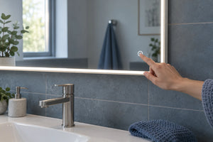 Eine Hand bedient den Touchsensor eines beleuchteten Badspiegels vor blaugrauen Fliesen.