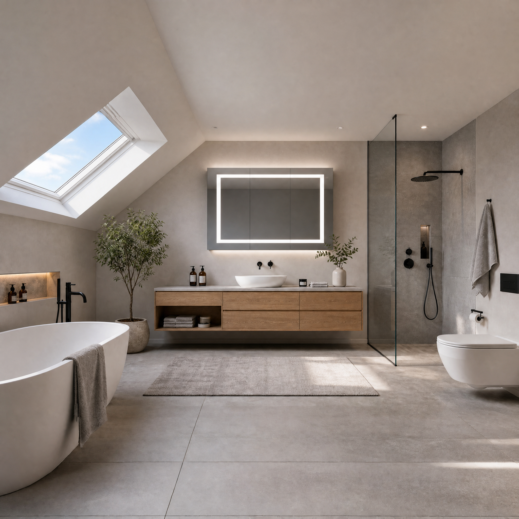 Helles Badezimmer unter einer Dachschräge mit beleuchtetem LED-Spiegelschrank, Holzwaschtisch, Glasdusche und freistehender Badewanne.