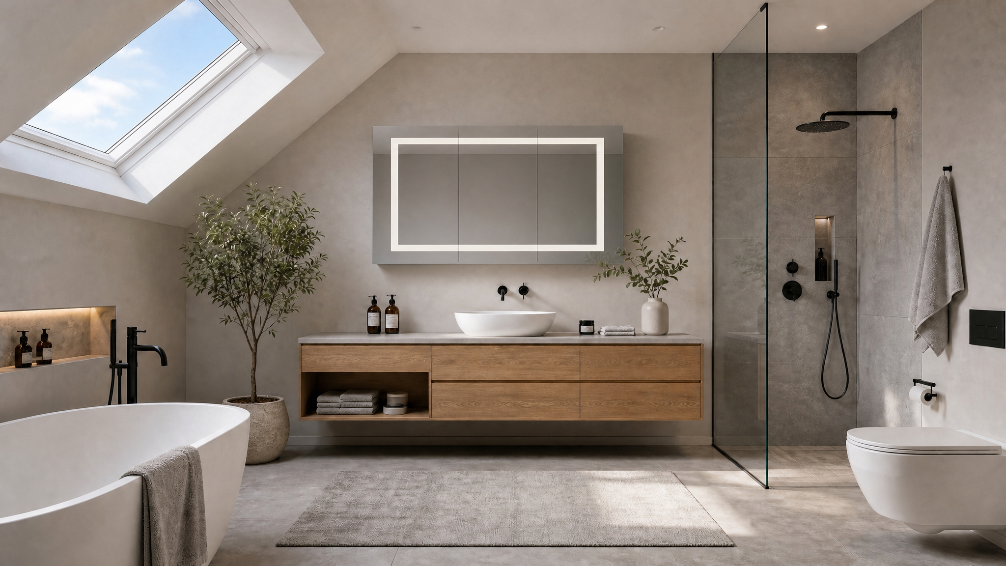 Helles Badezimmer unter einer Dachschräge mit beleuchtetem LED-Spiegelschrank, Holzwaschtisch, Glasdusche und freistehender Badewanne.