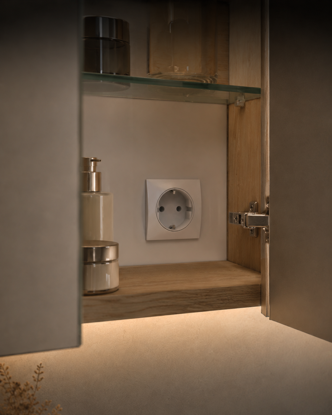 Geöffneter LED-Spiegelschrank mit integrierter Steckdose, Glasablage und Innenbeleuchtung.