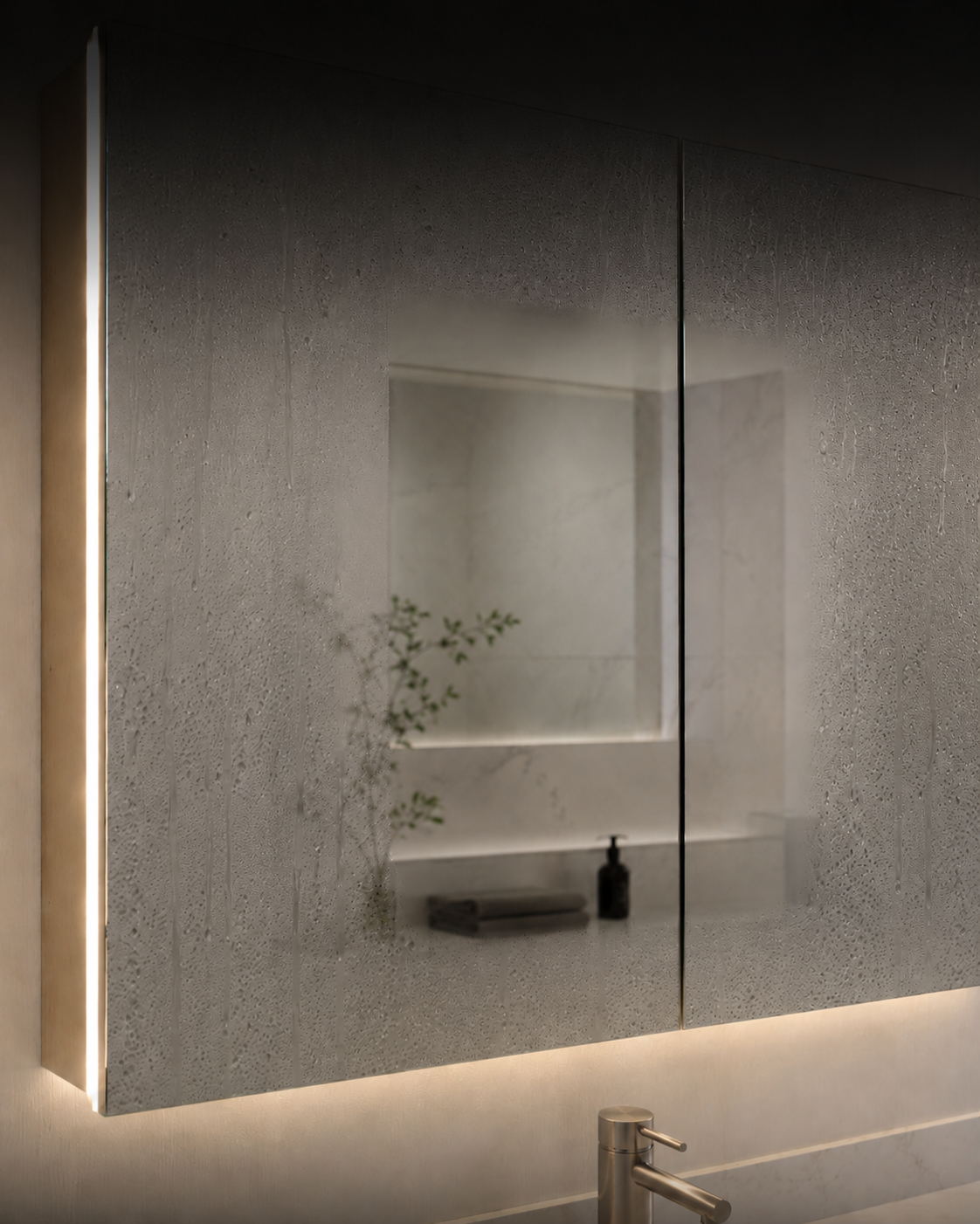LED-Spiegelschrank mit integrierter Spiegelheizung und beschlagfreier Sichtfläche im Badezimmer.