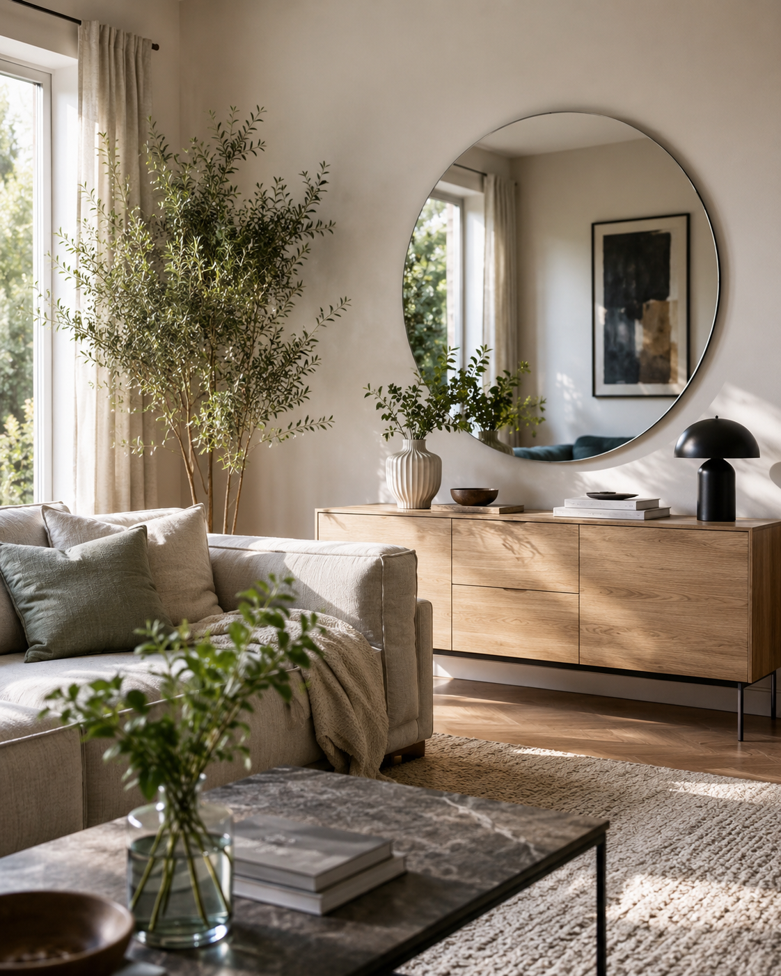 Wohnzimmer mit rundem Wandspiegel über Holzkommode
