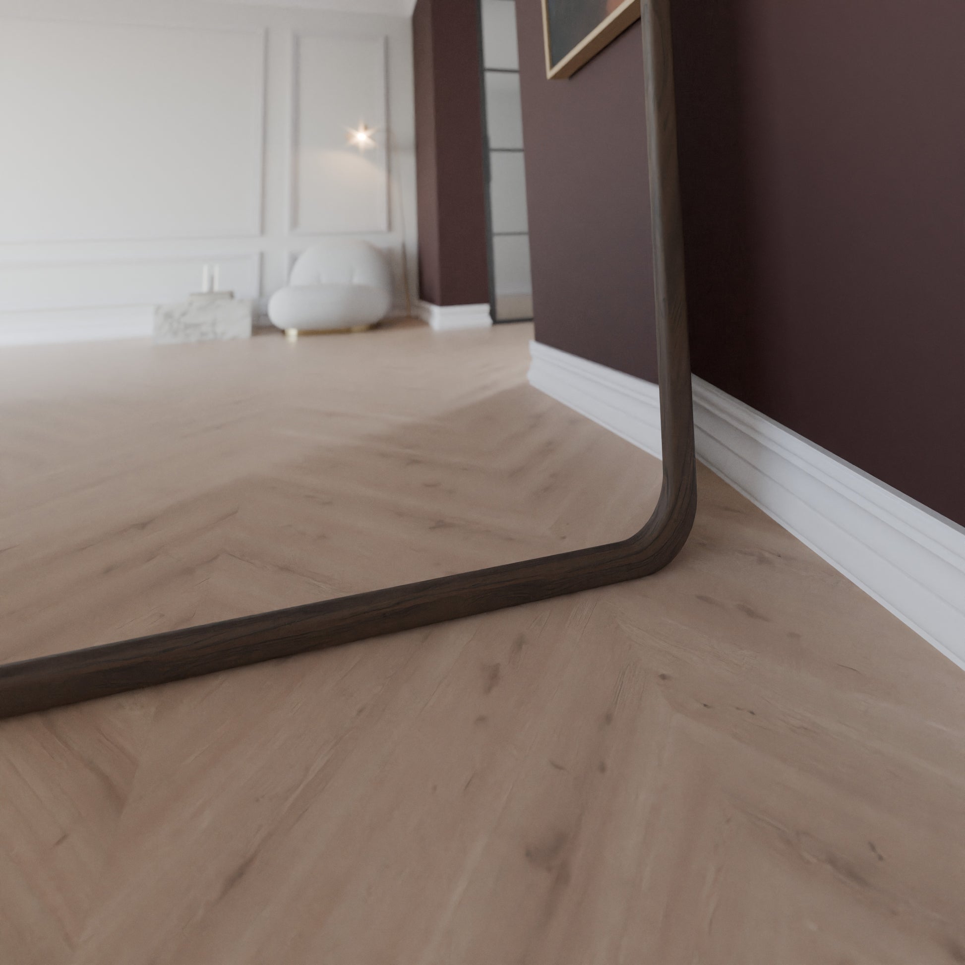 Detail Unterkante Mocha Rundbogen-Standspiegel, Massivholzrahmen, 180×100 cm