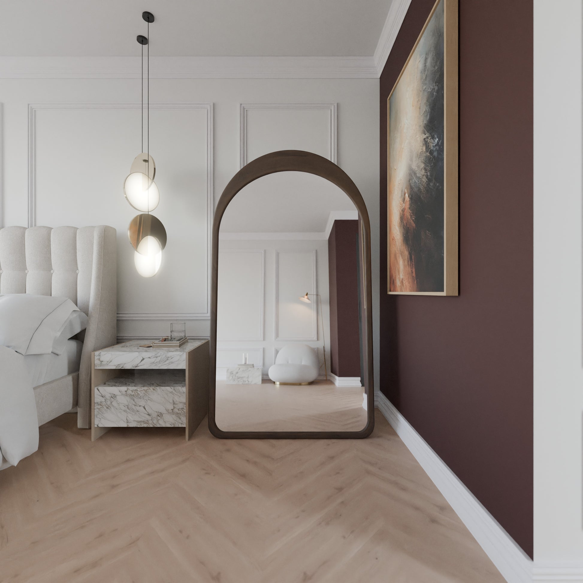 Mocha Rundbogen-Standspiegel aus Massivholz, Frontansicht im Schlafzimmer, 180×100 cm