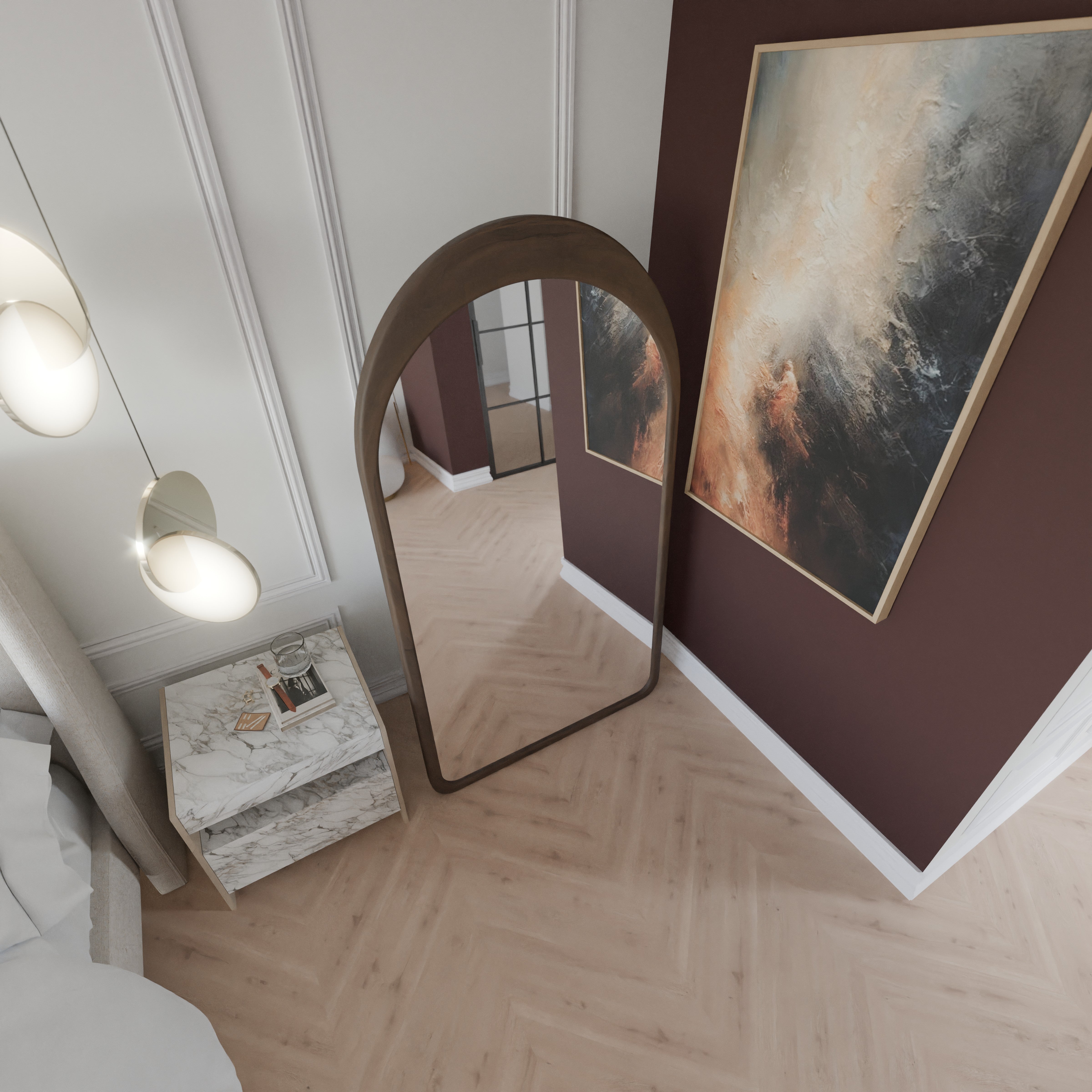 Mocha Rundbogen-Spiegel aus Massivholz, Ansicht von oben mit Raumreflexion, 180×100 cm