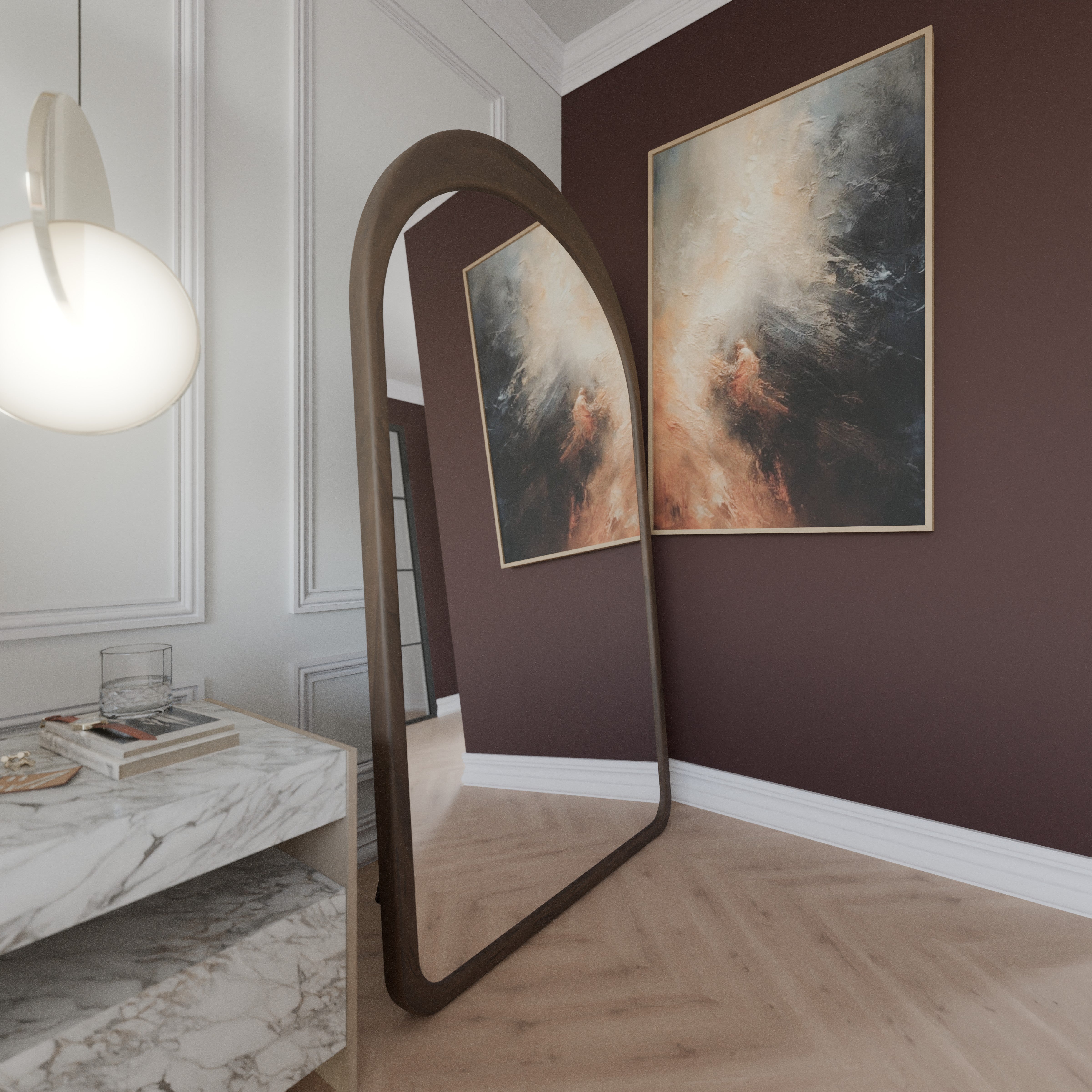 Seitenansicht Mocha Rundbogen-Spiegel aus Massivholz mit abgerundeter Form