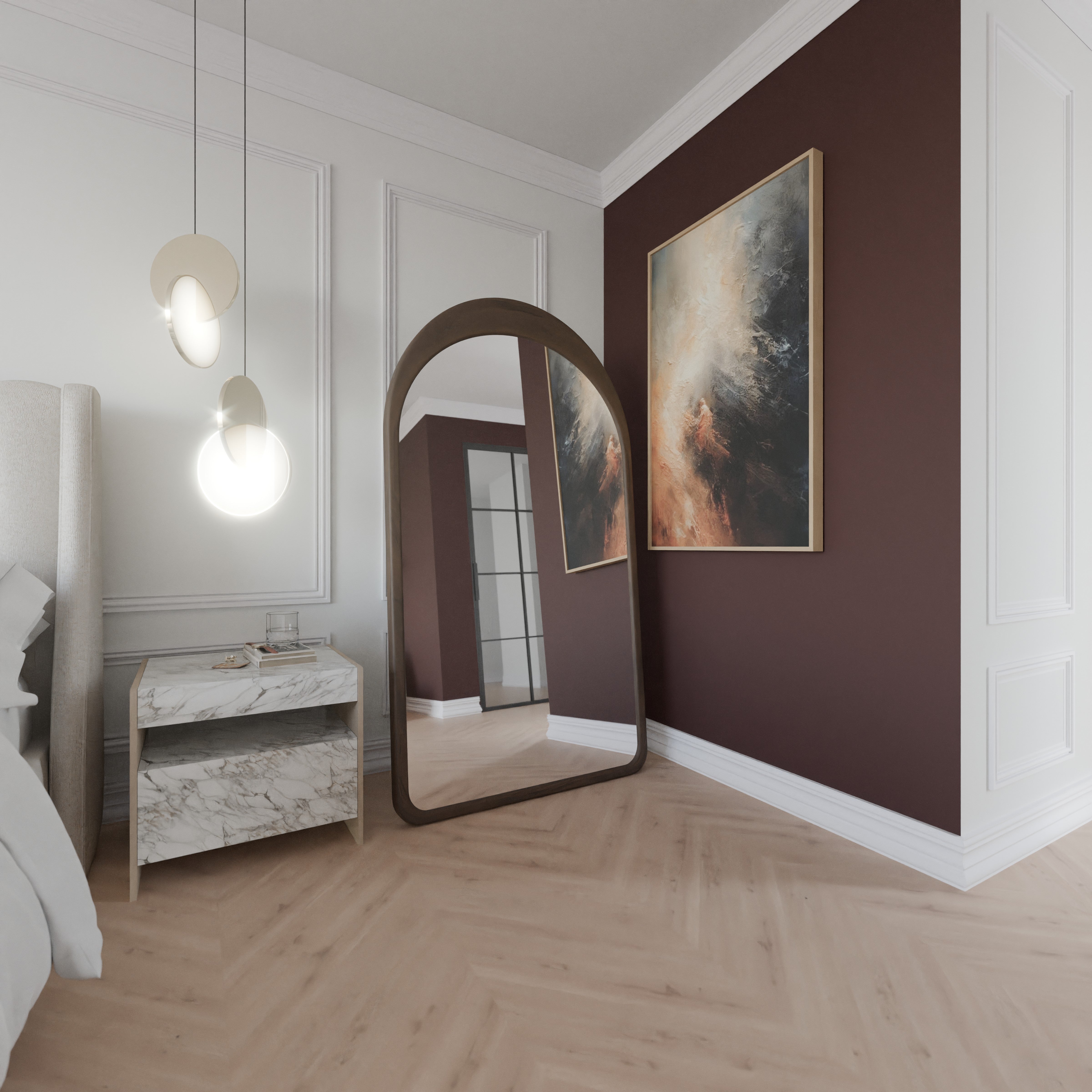 Rundbogen-Spiegel Mocha aus Massivholz, freistehend im Schlafzimmer, 180×100 cm