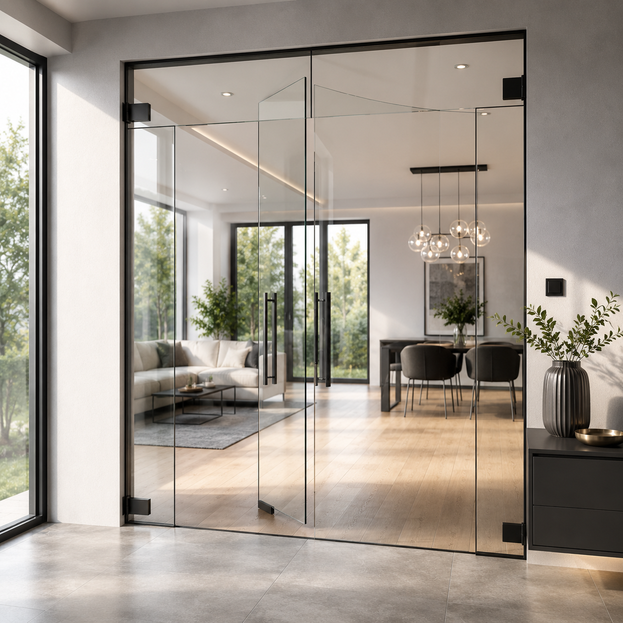 Moderne Glastüren mit schwarzem Rahmen in hellem Wohnbereich