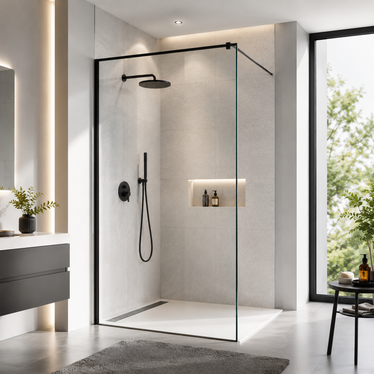 Moderne Walk-in-Dusche mit Glaswand, schwarzer Armatur und heller Badezimmeroptik