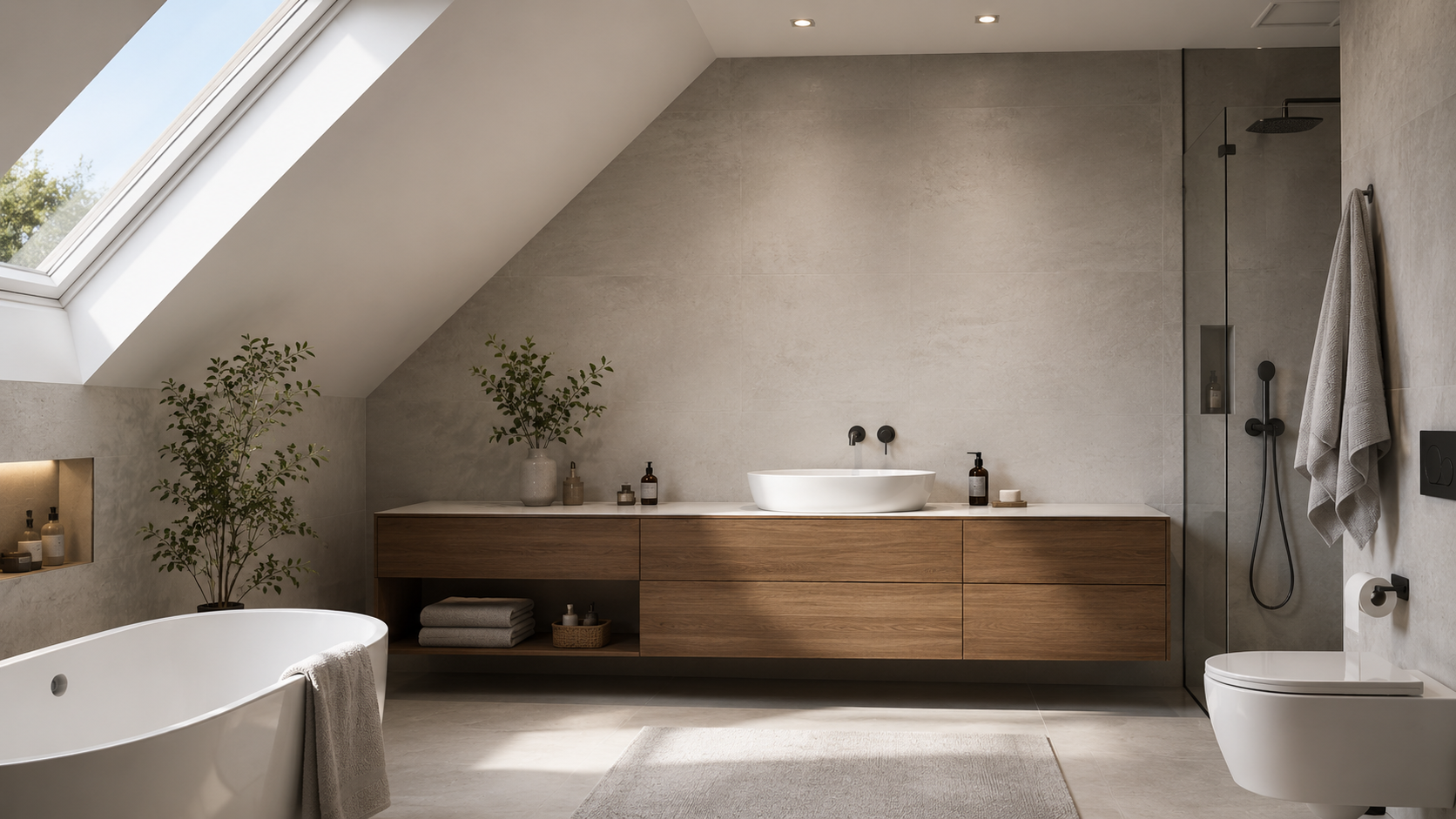 Modernes Badezimmer unter einer Dachschräge mit freistehender Badewanne, Waschtisch und bodengleicher Glasdusche.