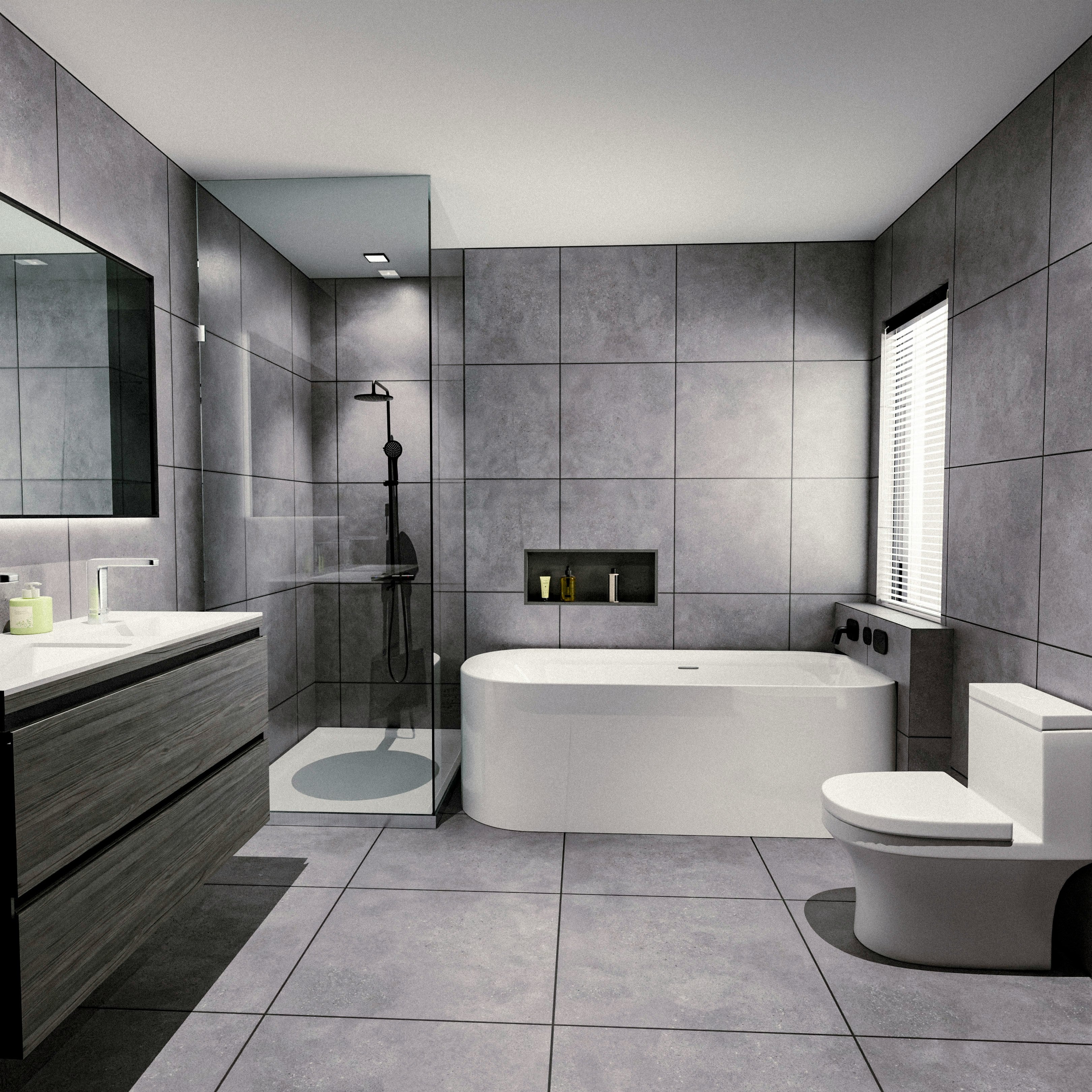 Modernes Badezimmer mit Glasdusche, Badewanne und grauen Fliesen